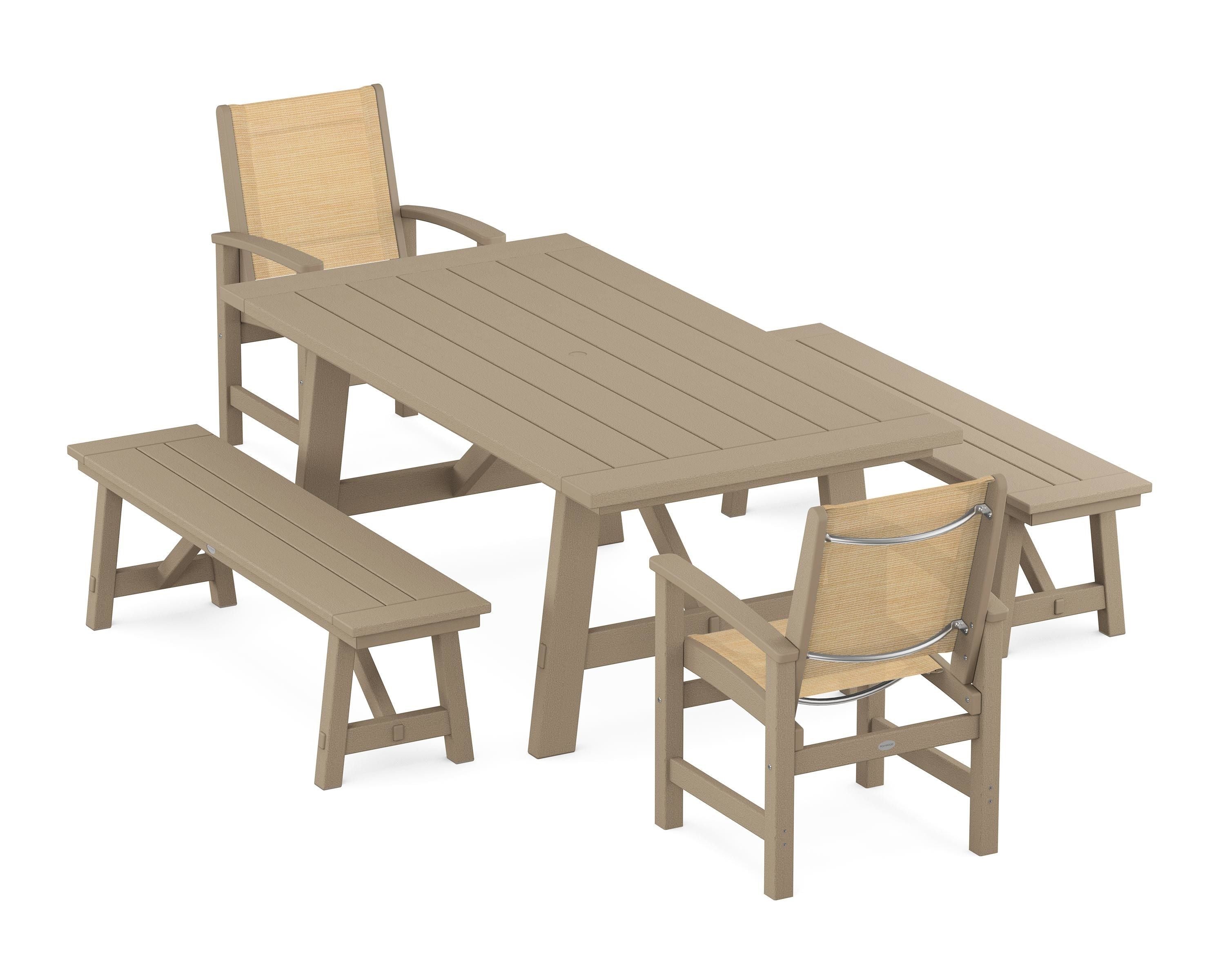 POLYWOOD Coastal 5-Piece Rustic Farmhouse Dining Set With Benches in Vintage Sahara / Dupioni Apricot Sling