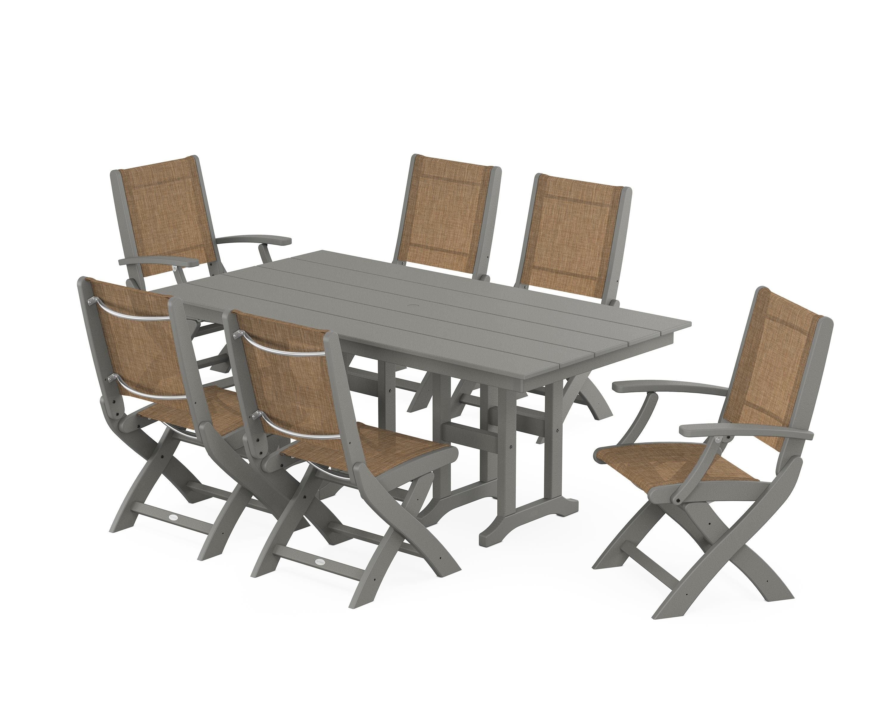 POLYWOOD Coastal Folding Chair 7-Piece Farmhouse Dining Set in Slate Grey / Burlap Sling