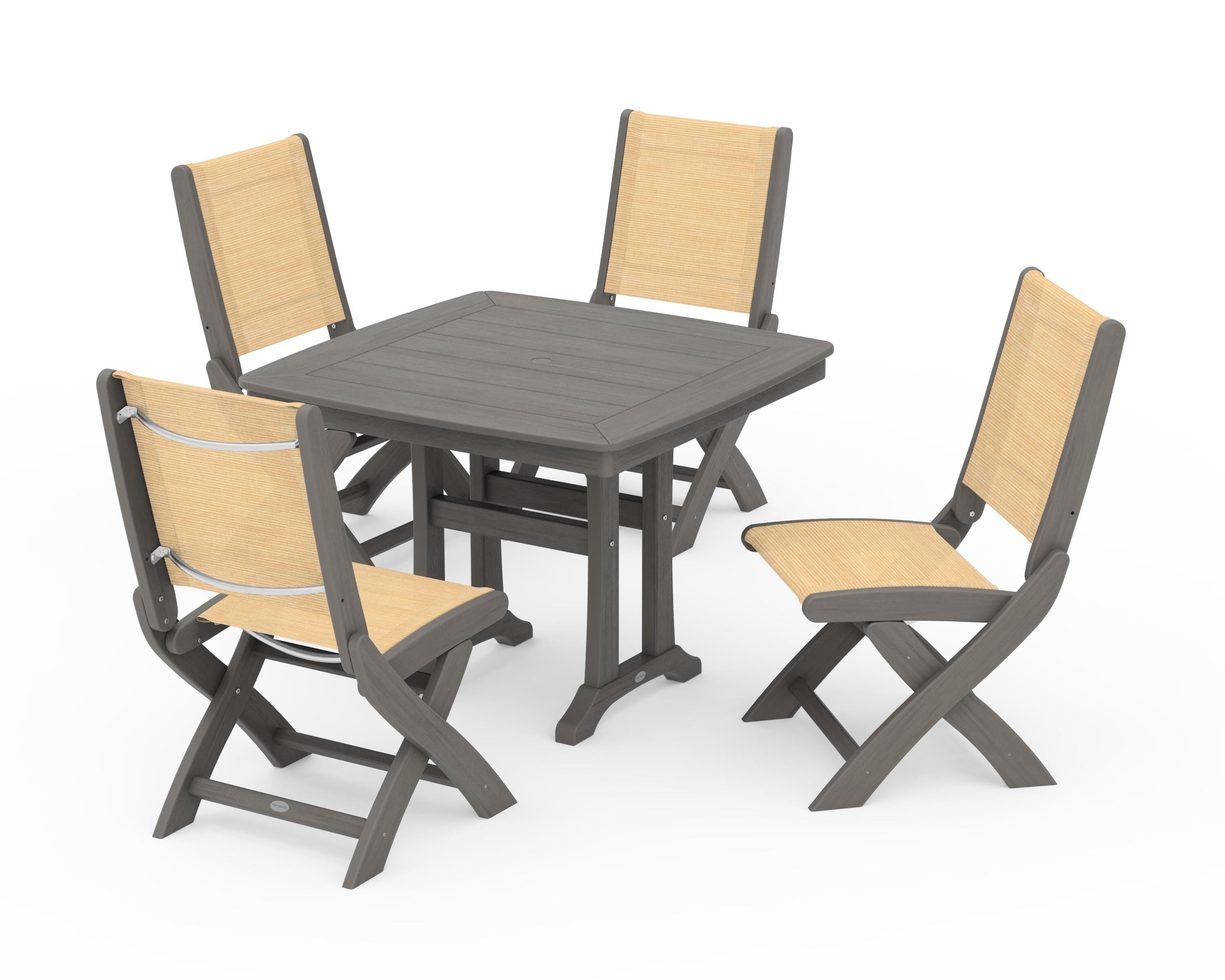 POLYWOOD Coastal Folding Side Chair 5-Piece Dining Set with Trestle Legs in Driftwood / Dupioni Apricot Sling