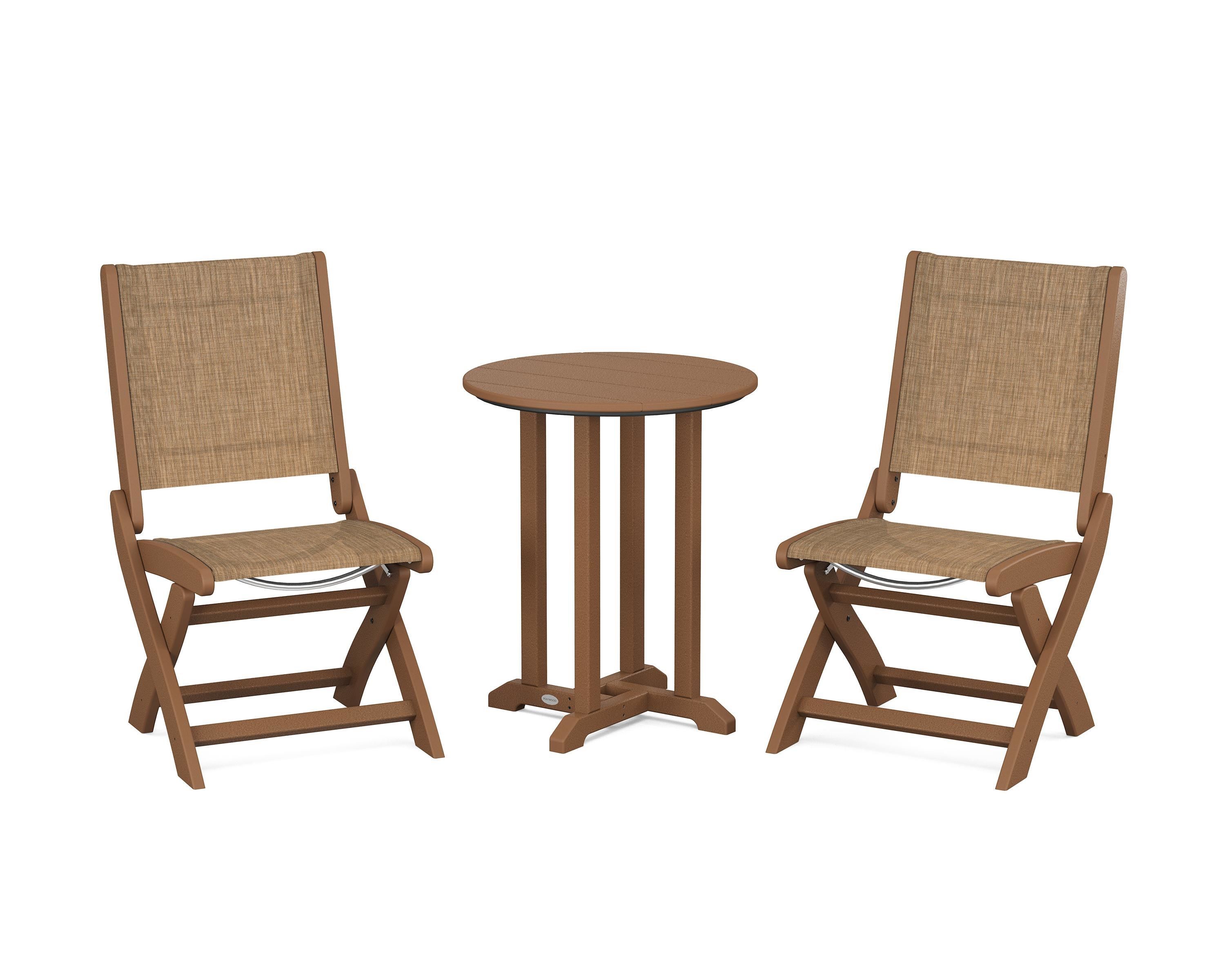 POLYWOOD Coastal Folding Side Chair 3-Piece Round Bistro Dining Set in Teak / Burlap Sling