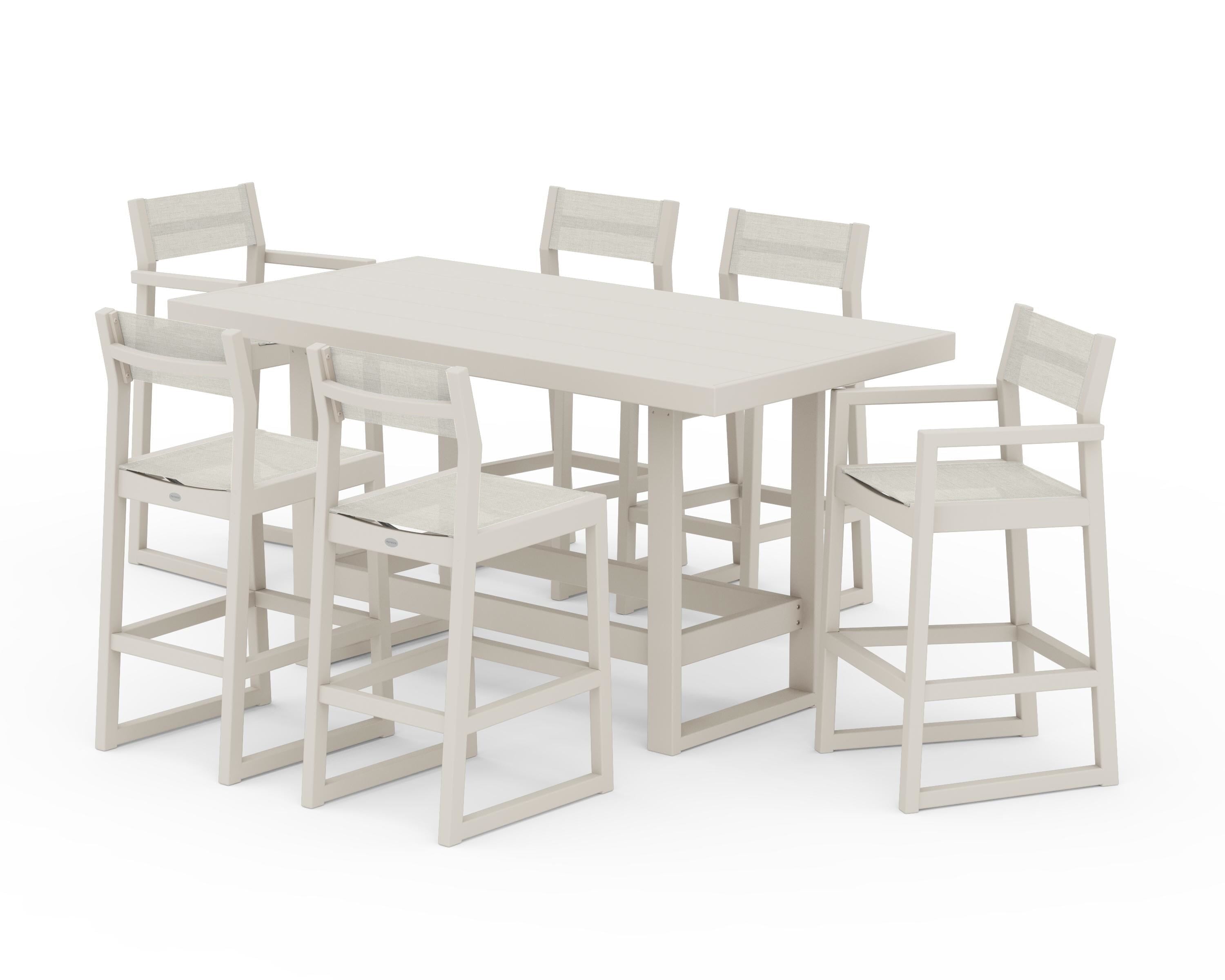 POLYWOOD EDGE Sling 7-Piece Bar Table Set in Sand / Parchment Sling