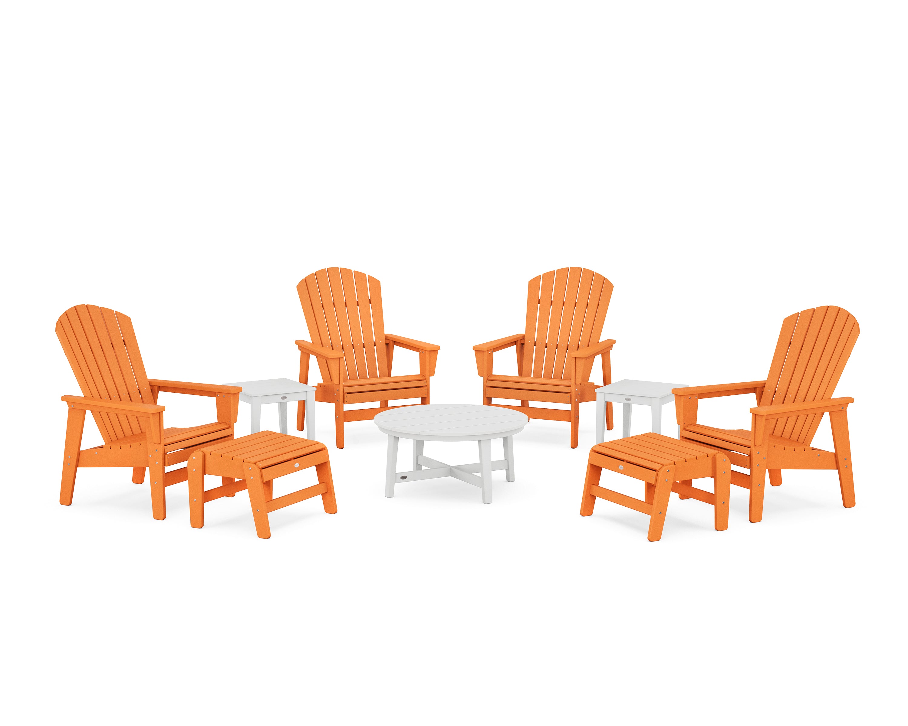 POLYWOOD® Nautical Grand Upright Adirondack 9-Piece Conversation Set in Tangerine / White