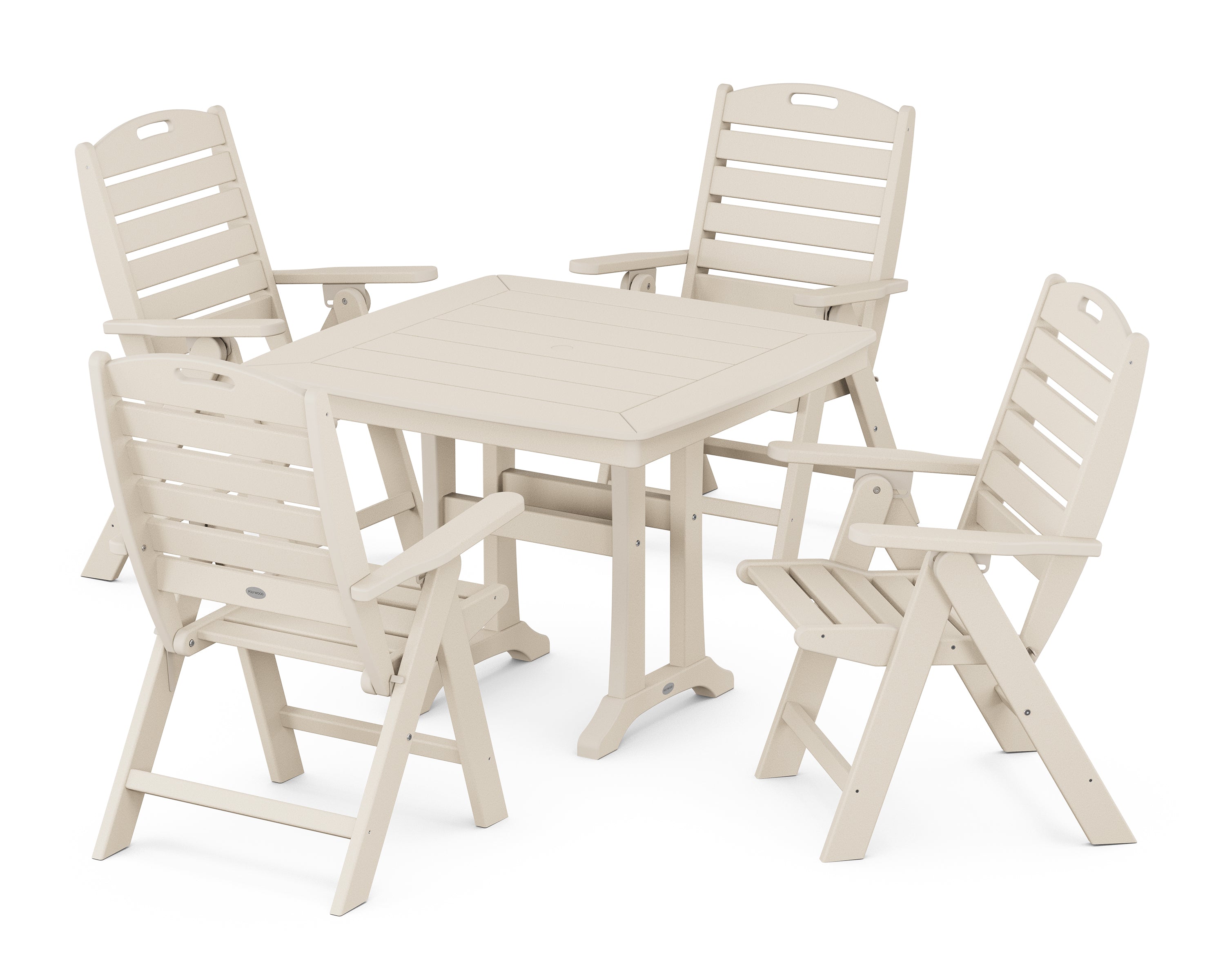 POLYWOOD Nautical Folding Highback Chair 5-Piece Dining Set with Trestle Legs in Sand