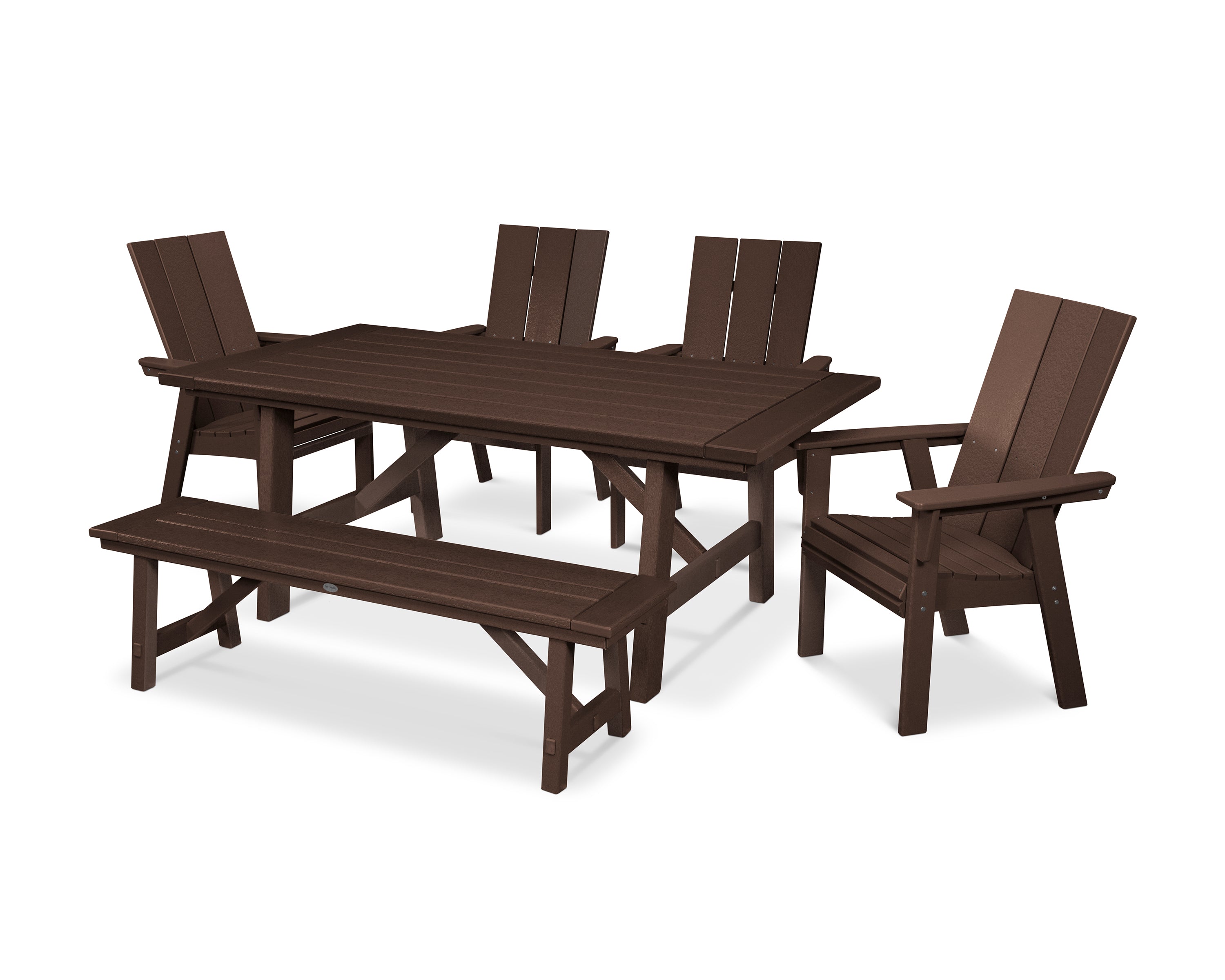 POLYWOOD® Modern Curveback Adirondack 6-Piece Rustic Farmhouse Dining Set with Bench in Mahogany