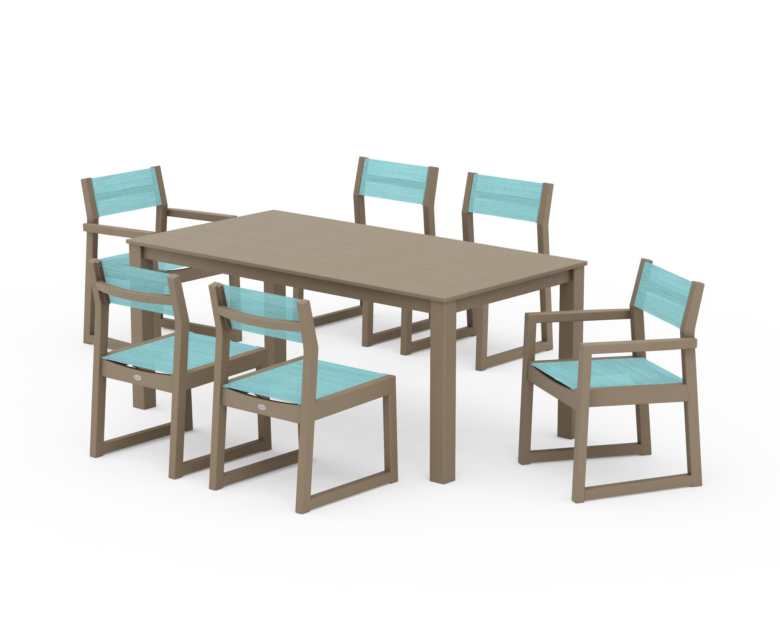 POLYWOOD EDGE Sling 7-Piece Parsons Dining Set in Vintage Sahara / Dupioni Aquamarine Sling