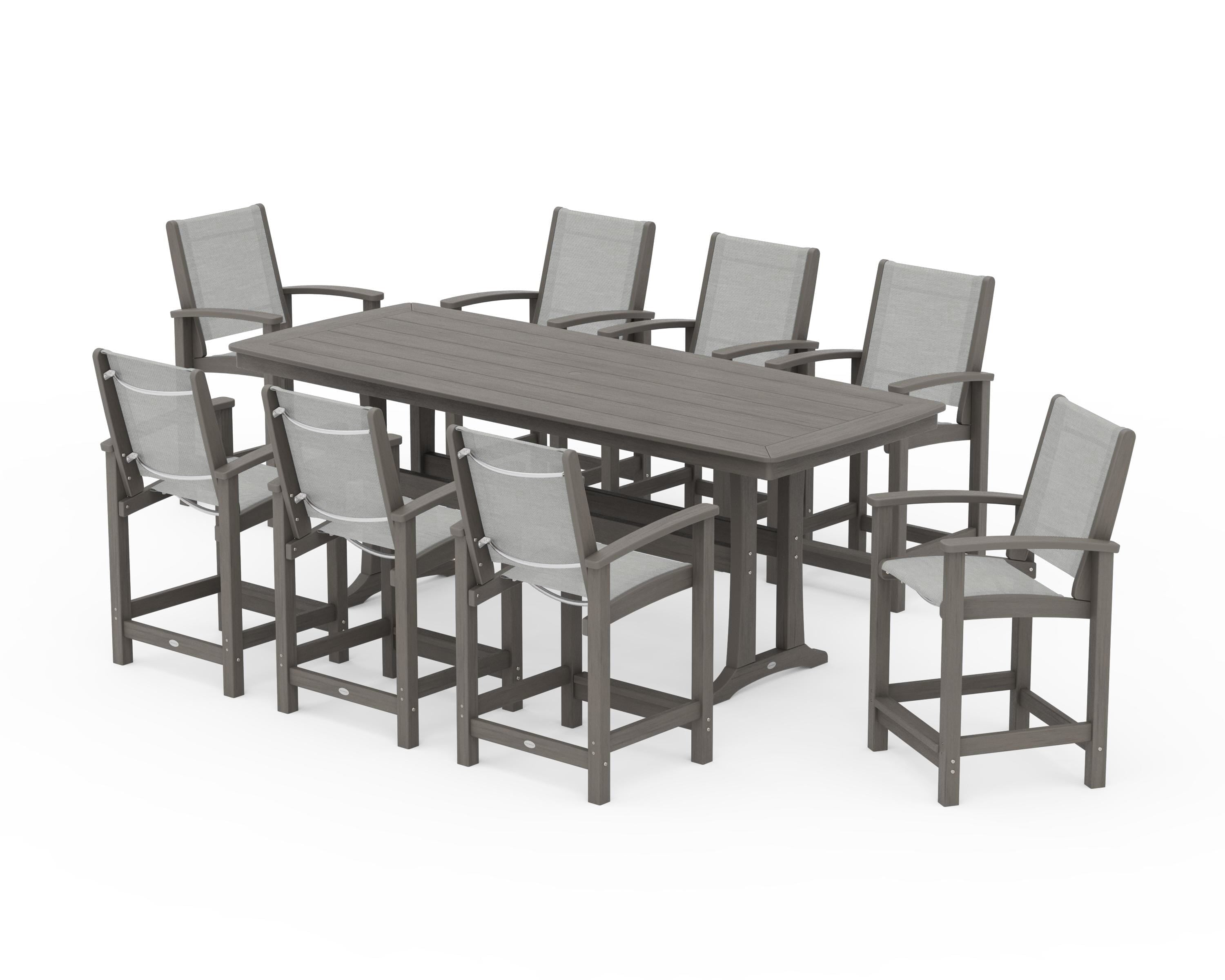 POLYWOOD Coastal 9-Piece Counter Set with Trestle Legs in Driftwood / Metallic Sling