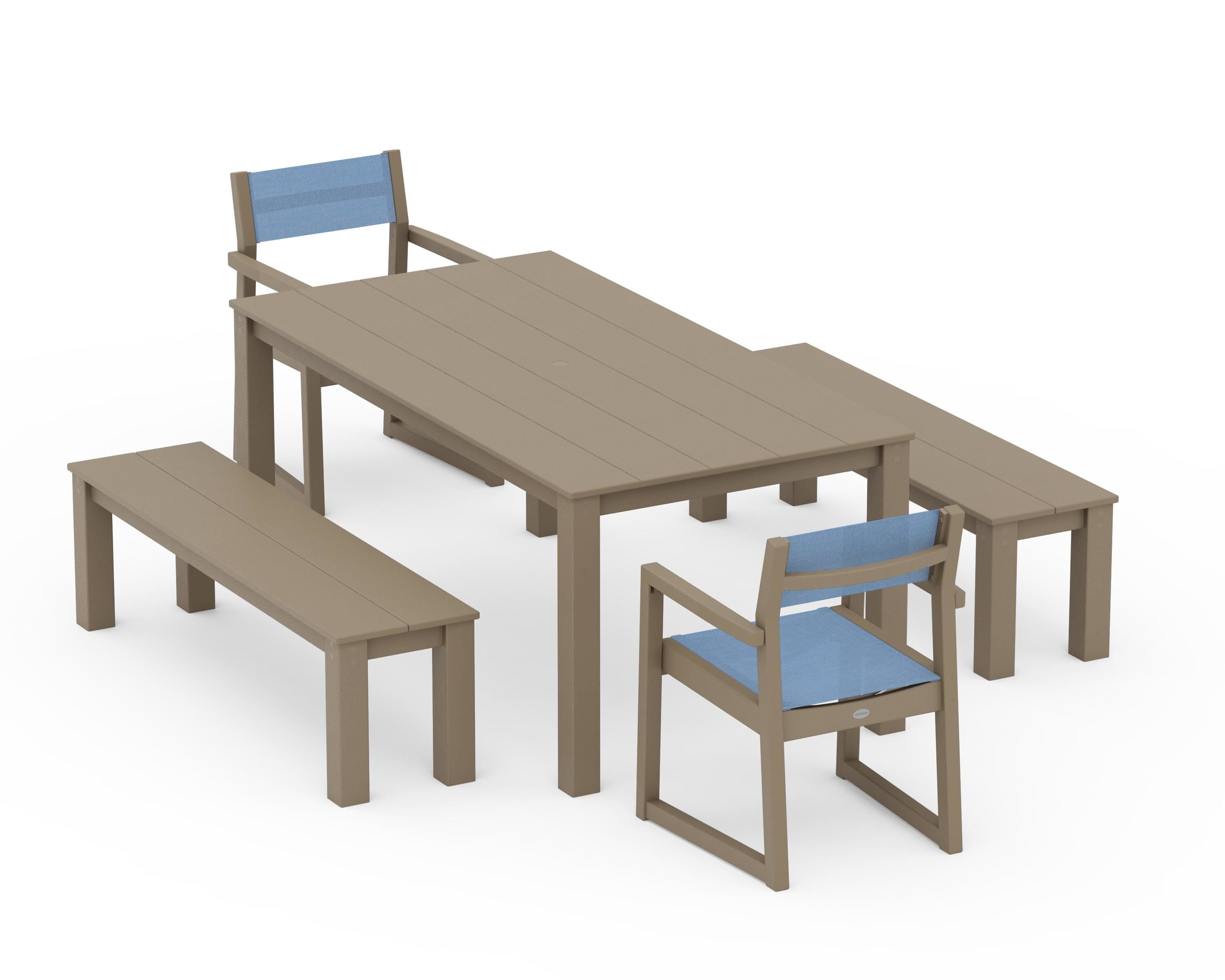 POLYWOOD EDGE Sling Arm Chair 5-Piece Parsons Dining Set with Benches in Vintage Sahara / Poolside Sling