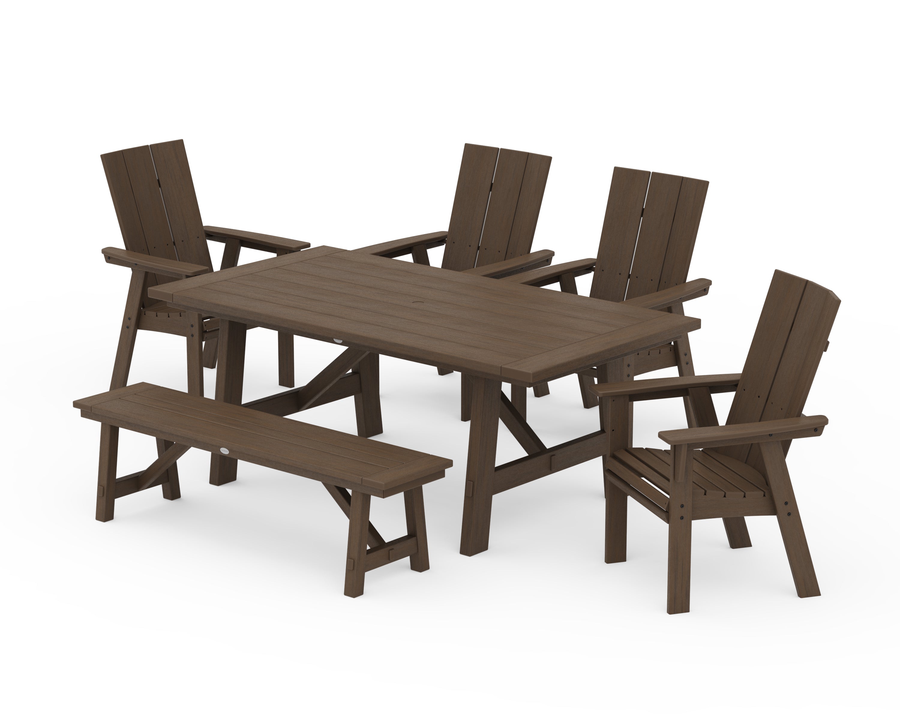 POLYWOOD Modern Curveback Adirondack 6-Piece Rustic Farmhouse Dining Set with Bench in Kona
