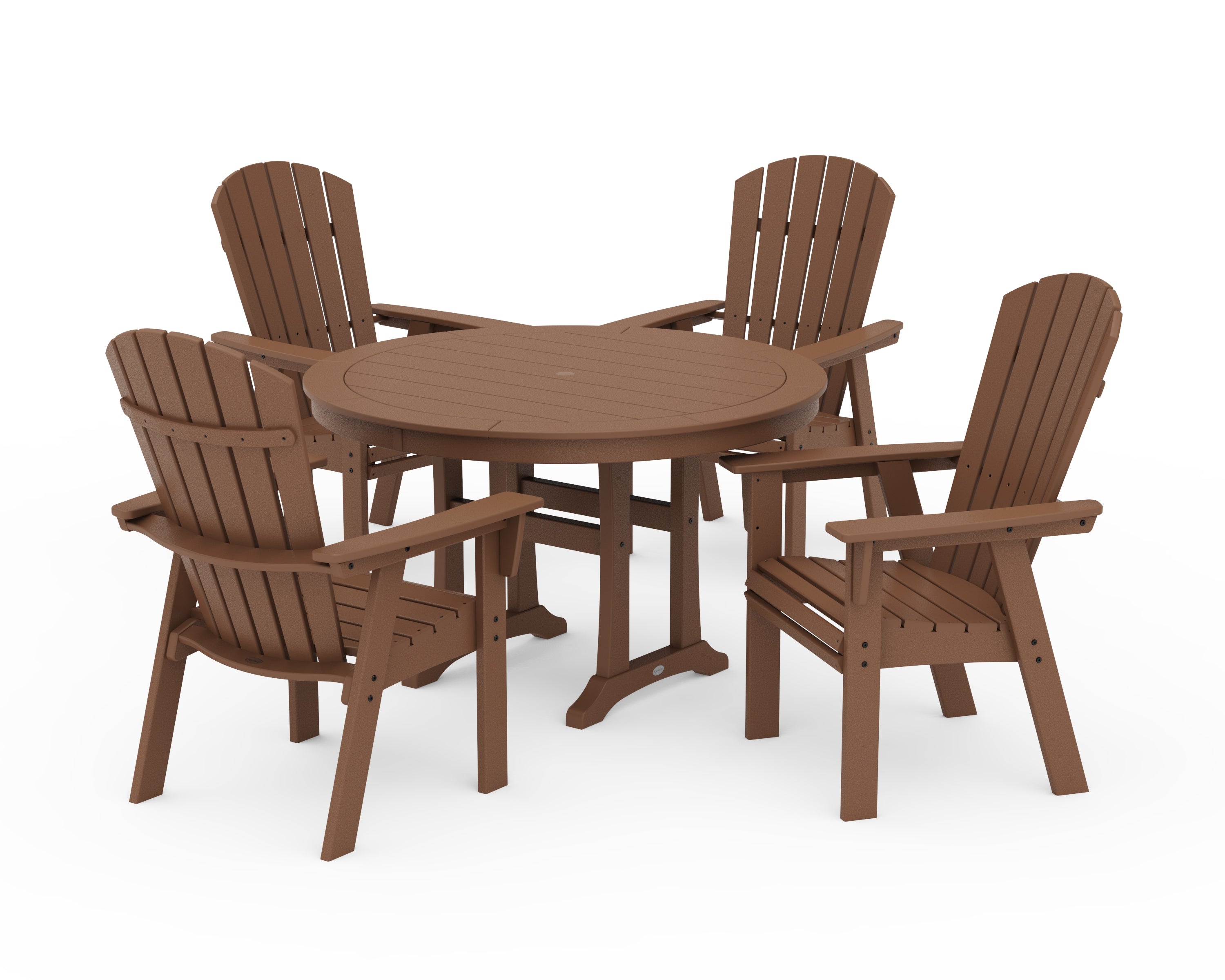 POLYWOOD Nautical Curveback Adirondack 5-Piece Round Dining Set with Trestle Legs in Teak
