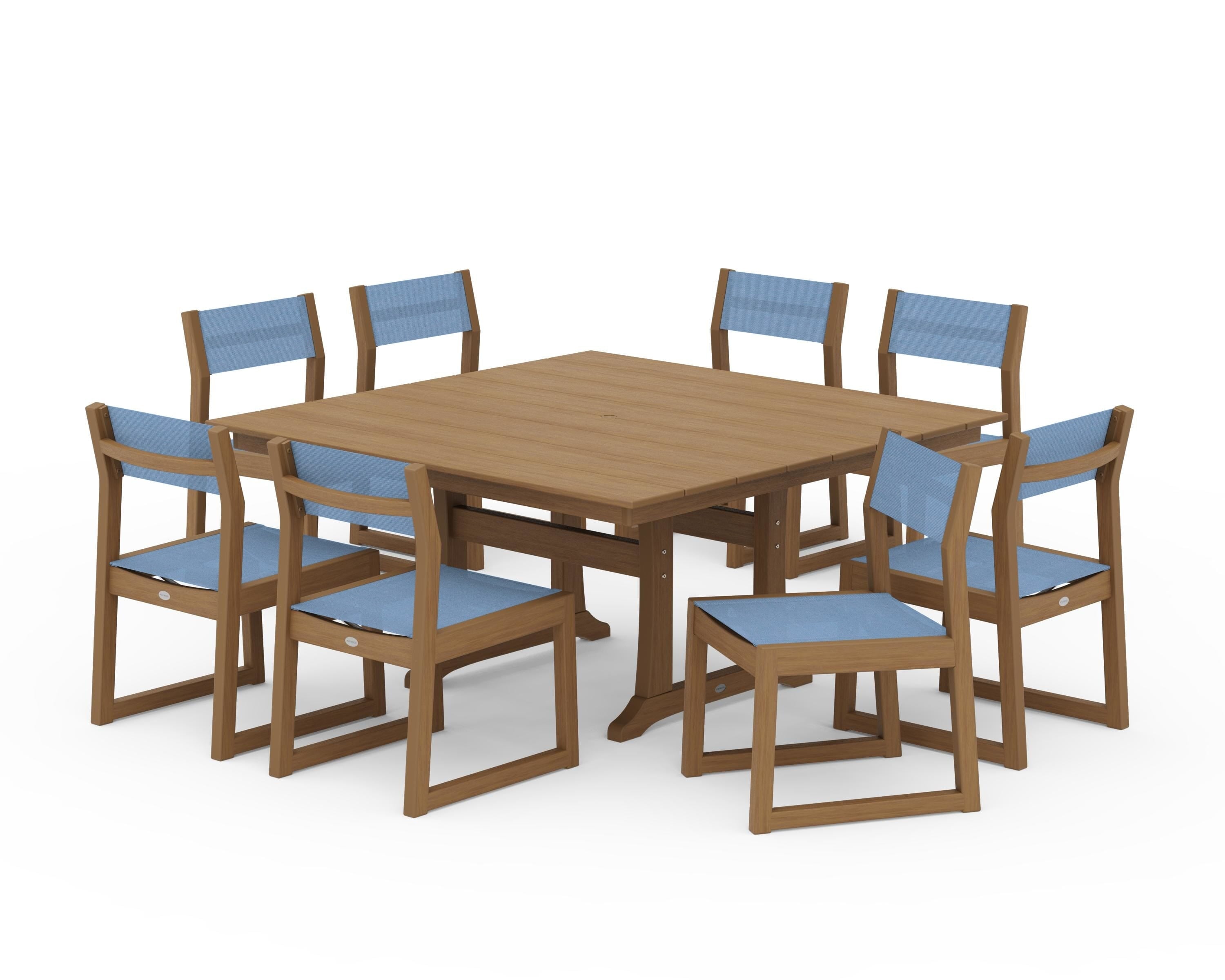 POLYWOOD EDGE Sling Side Chair 9-Piece Farmhouse Trestle Dining Set in Natural / Poolside Sling