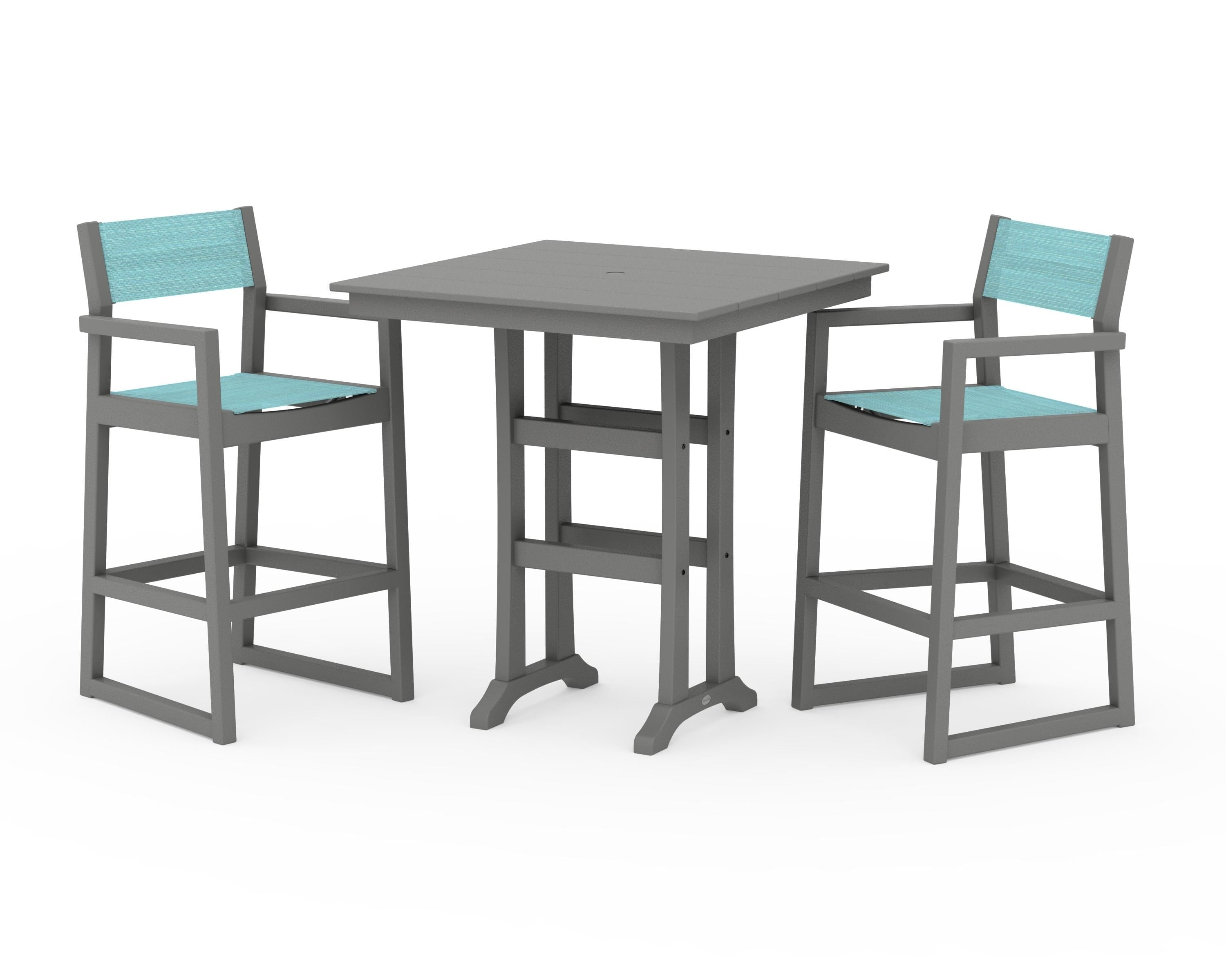 POLYWOOD EDGE Sling Arm Chair 3-Piece Farmhouse Bar Set with Trestle Legs in Slate Grey / Dupioni Aquamarine Sling