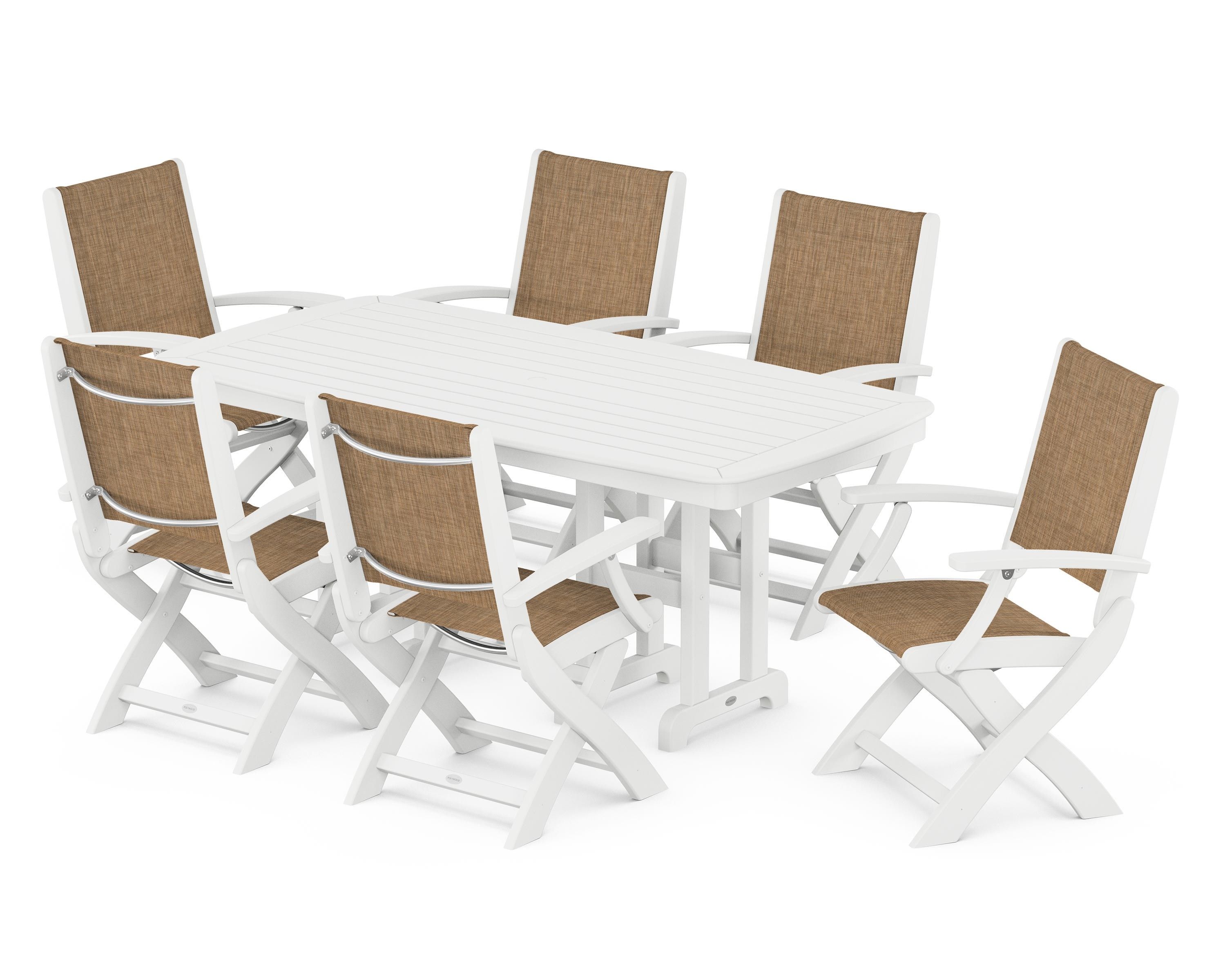 POLYWOOD Coastal Folding Arm Chair 7-Piece Dining Set in White / Burlap Sling