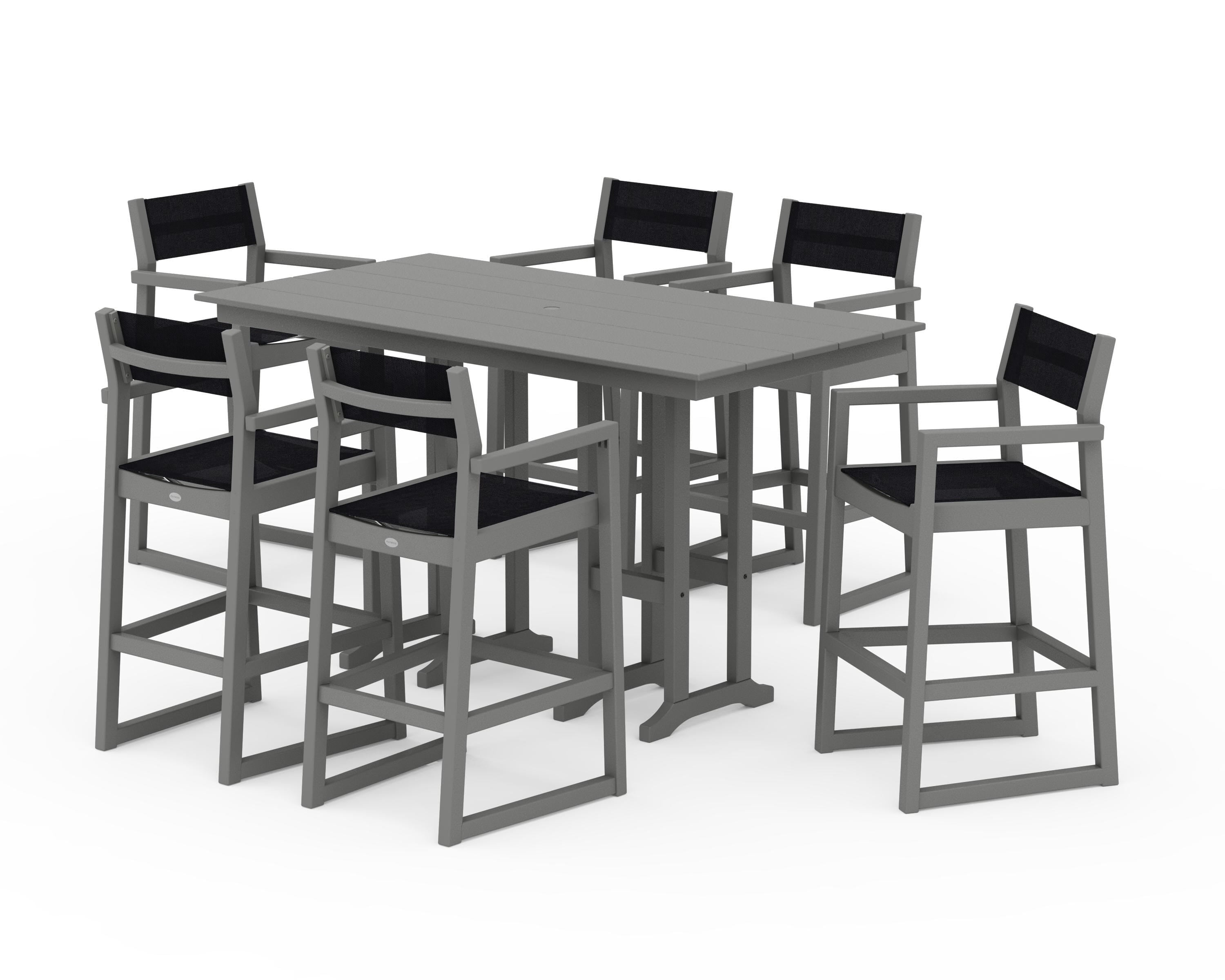 POLYWOOD EDGE Sling Arm Chair 7-Piece Farmhouse Bar Set in Slate Grey / Black Sling