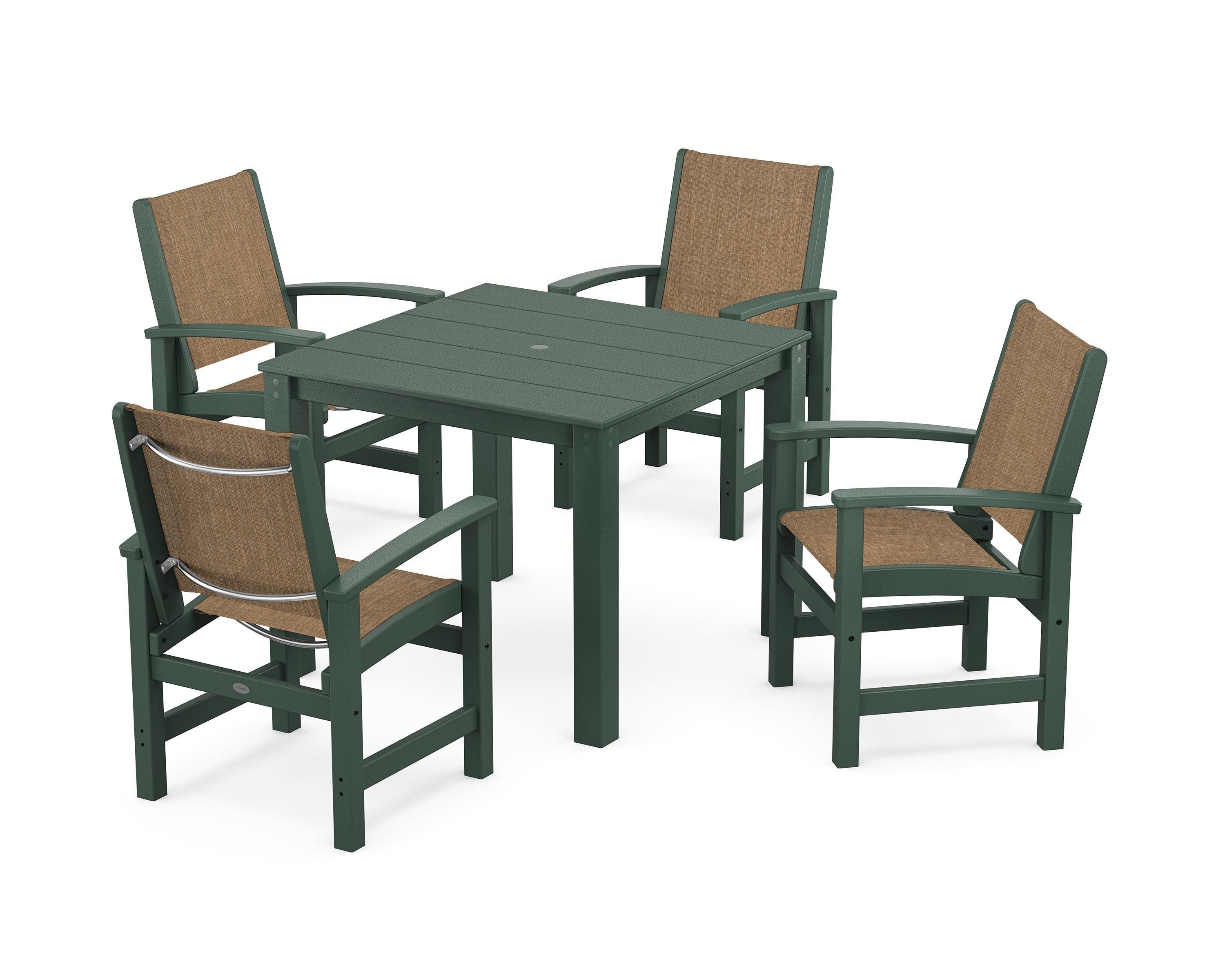 POLYWOOD Coastal 5-Piece Parsons Dining Set in Green / Burlap Sling