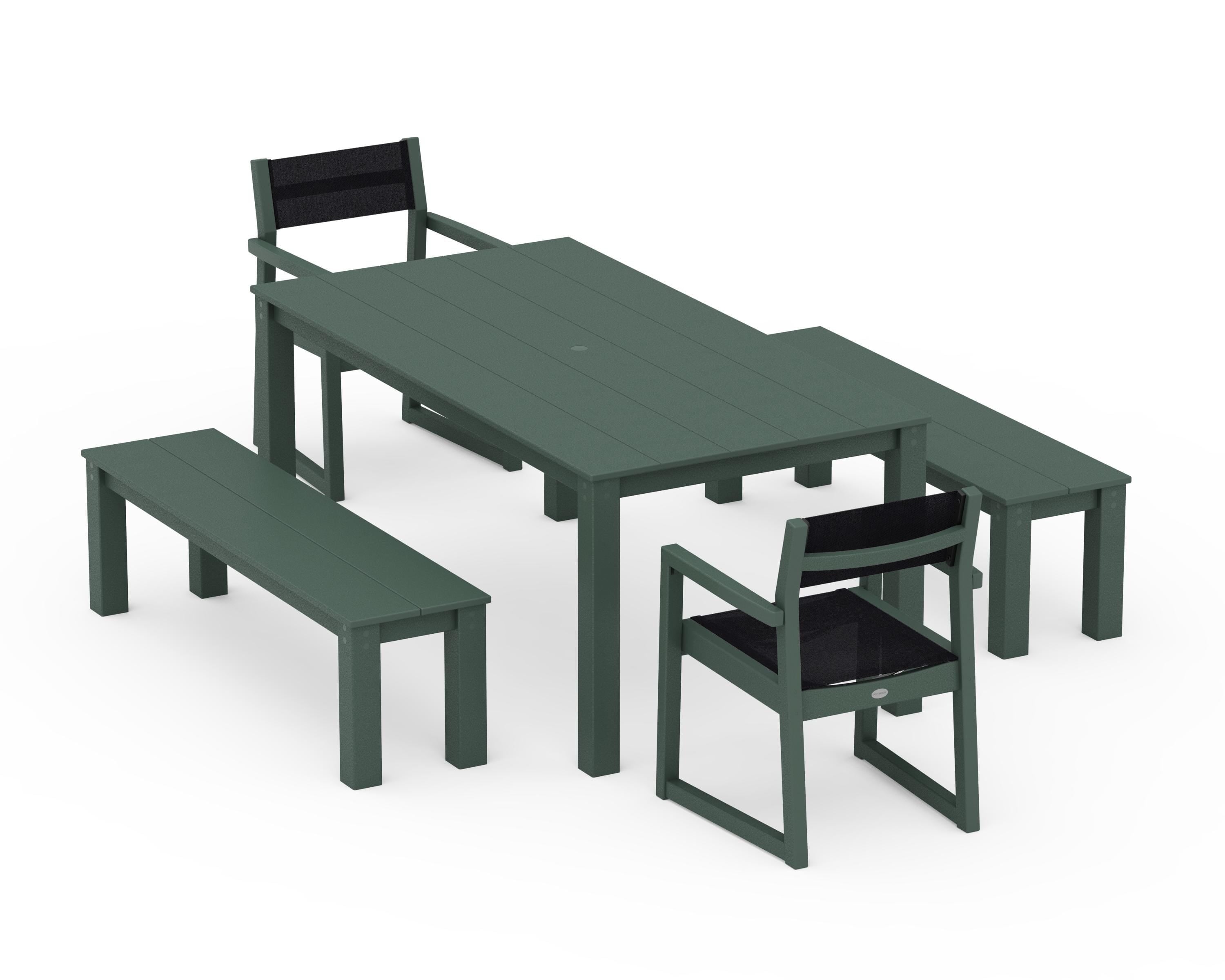 POLYWOOD EDGE Sling Arm Chair 5-Piece Parsons Dining Set with Benches in Green / Black Sling