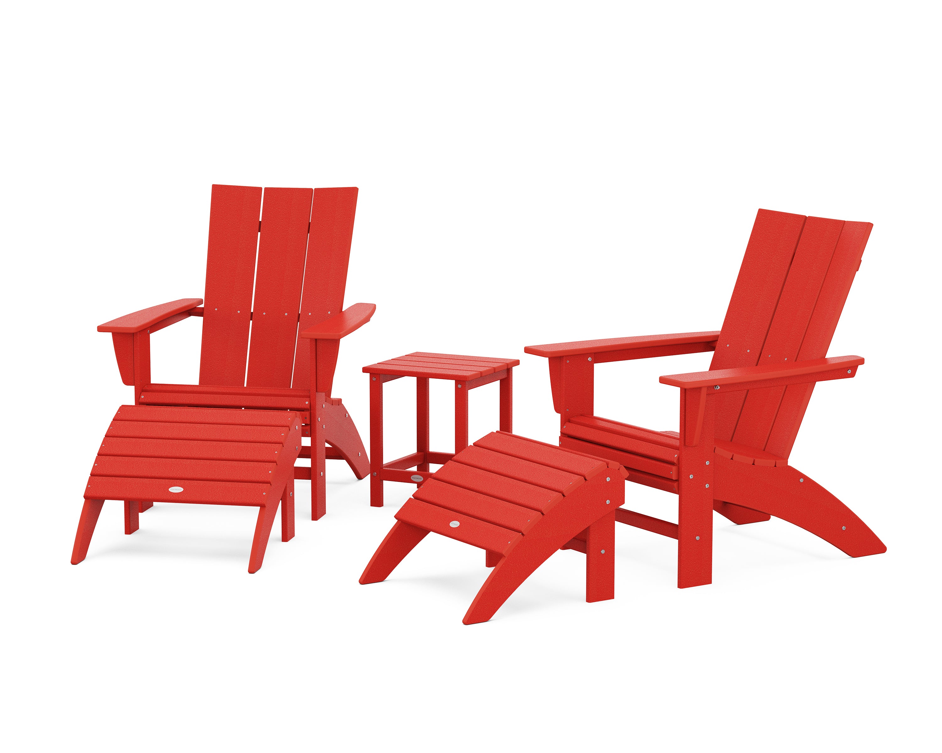 POLYWOOD® Modern Curveback Adirondack Chair 5-Piece Set with Ottomans and 18" Side Table in Sunset Red