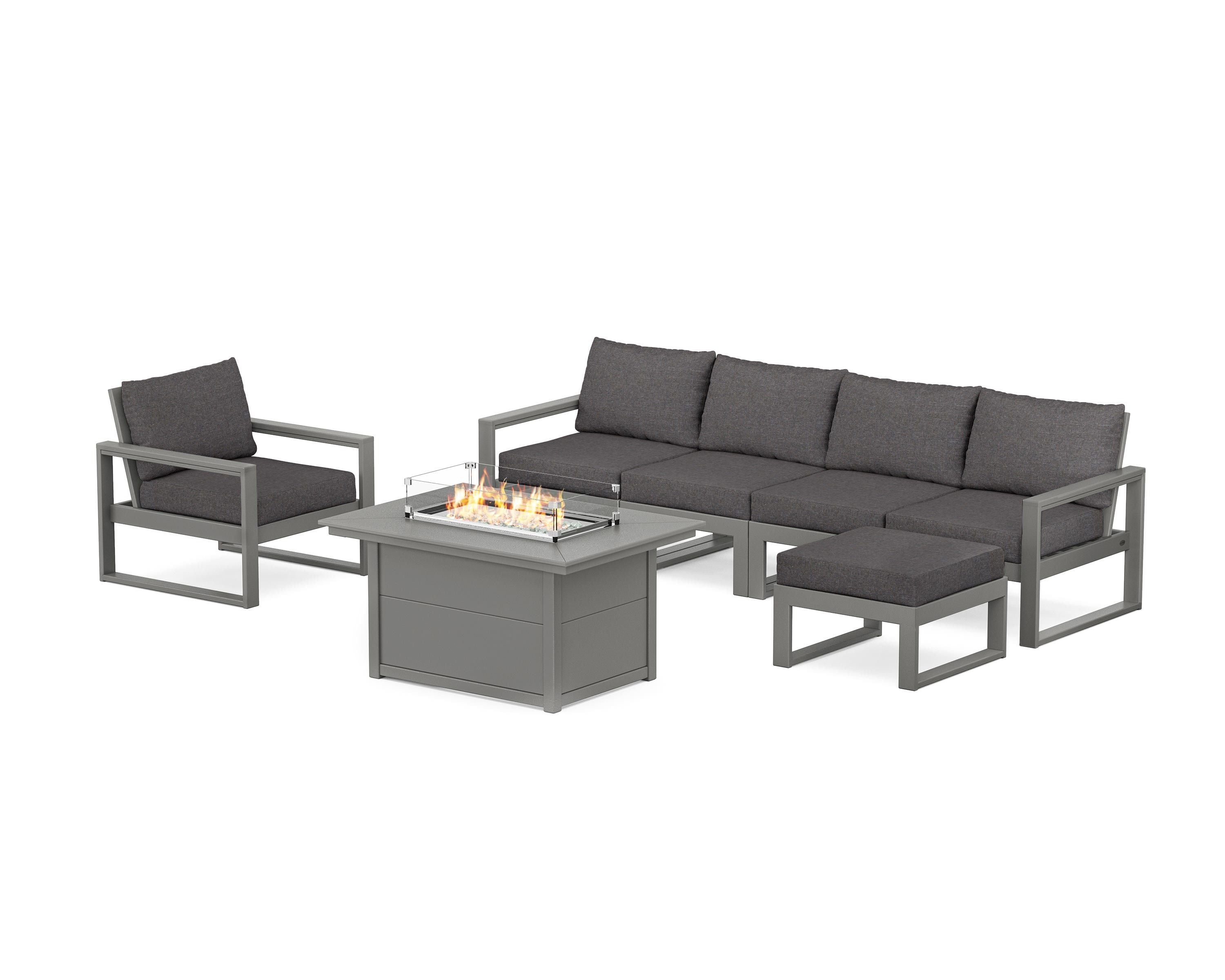 POLYWOOD EDGE Sectional Lounge and Fire Pit Set in Slate Grey / Ash Charcoal