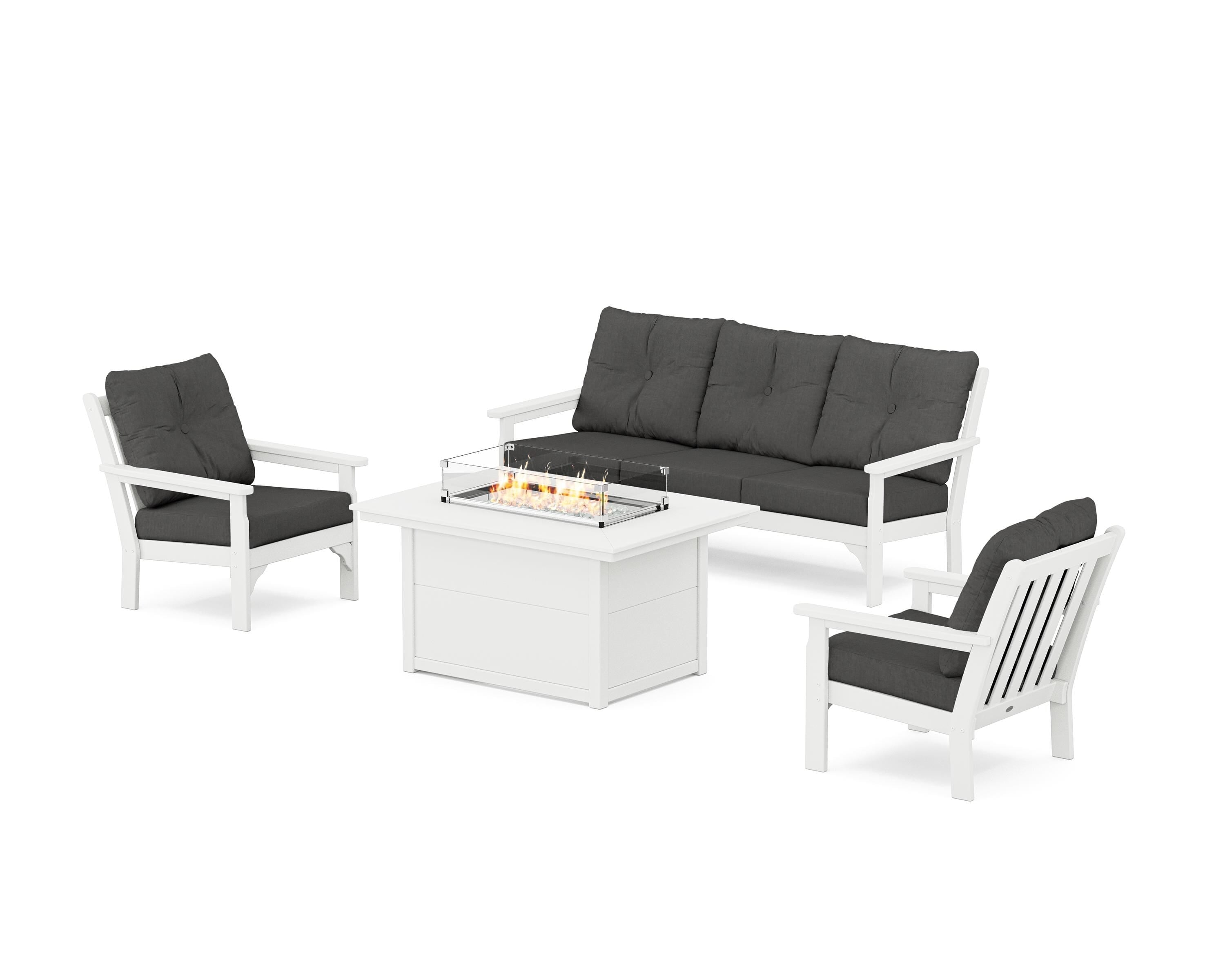 POLYWOOD Vineyard Deep Seating Fire Pit Table Set in White / Spectrum Carbon