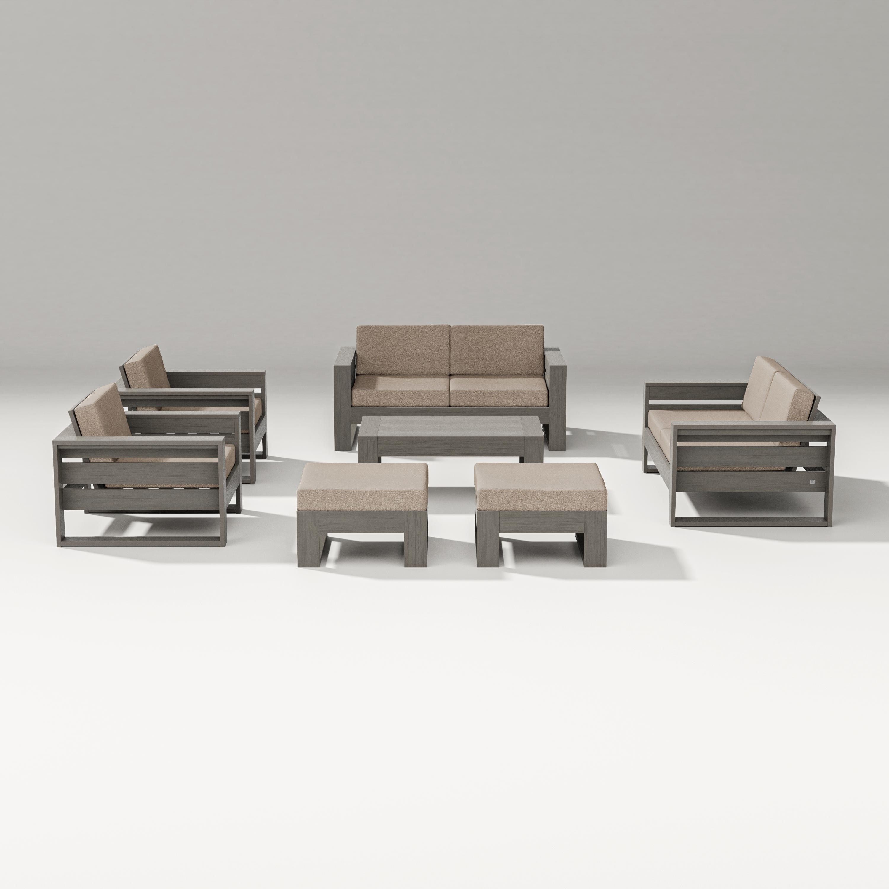 PW Designer Series Latitude 7-Piece Lounge Loveseat Set in Driftwood / Spiced Burlap
