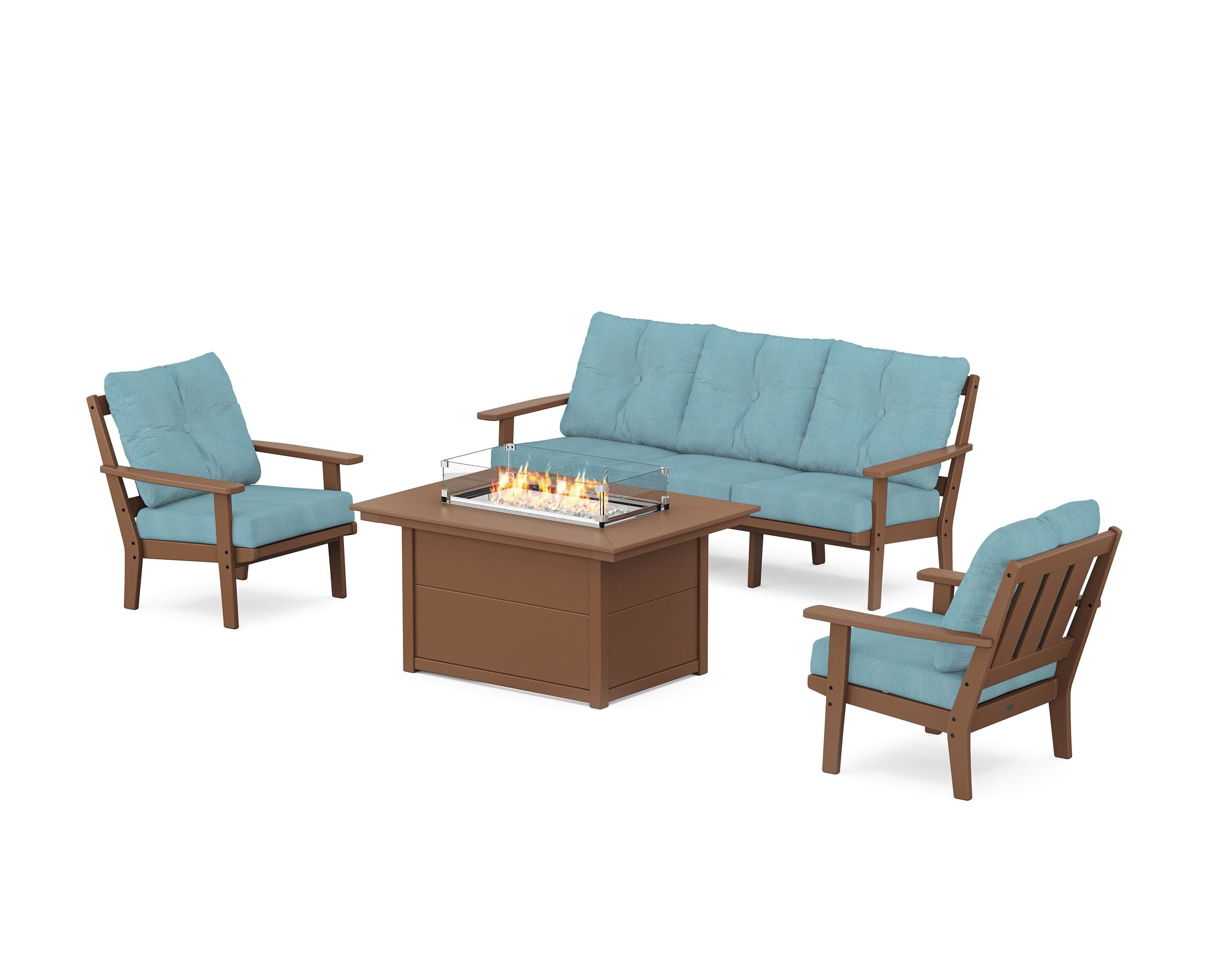 POLYWOOD Oxford Deep Seating Fire Pit Table Set in Teak / Lattice Sky Blue
