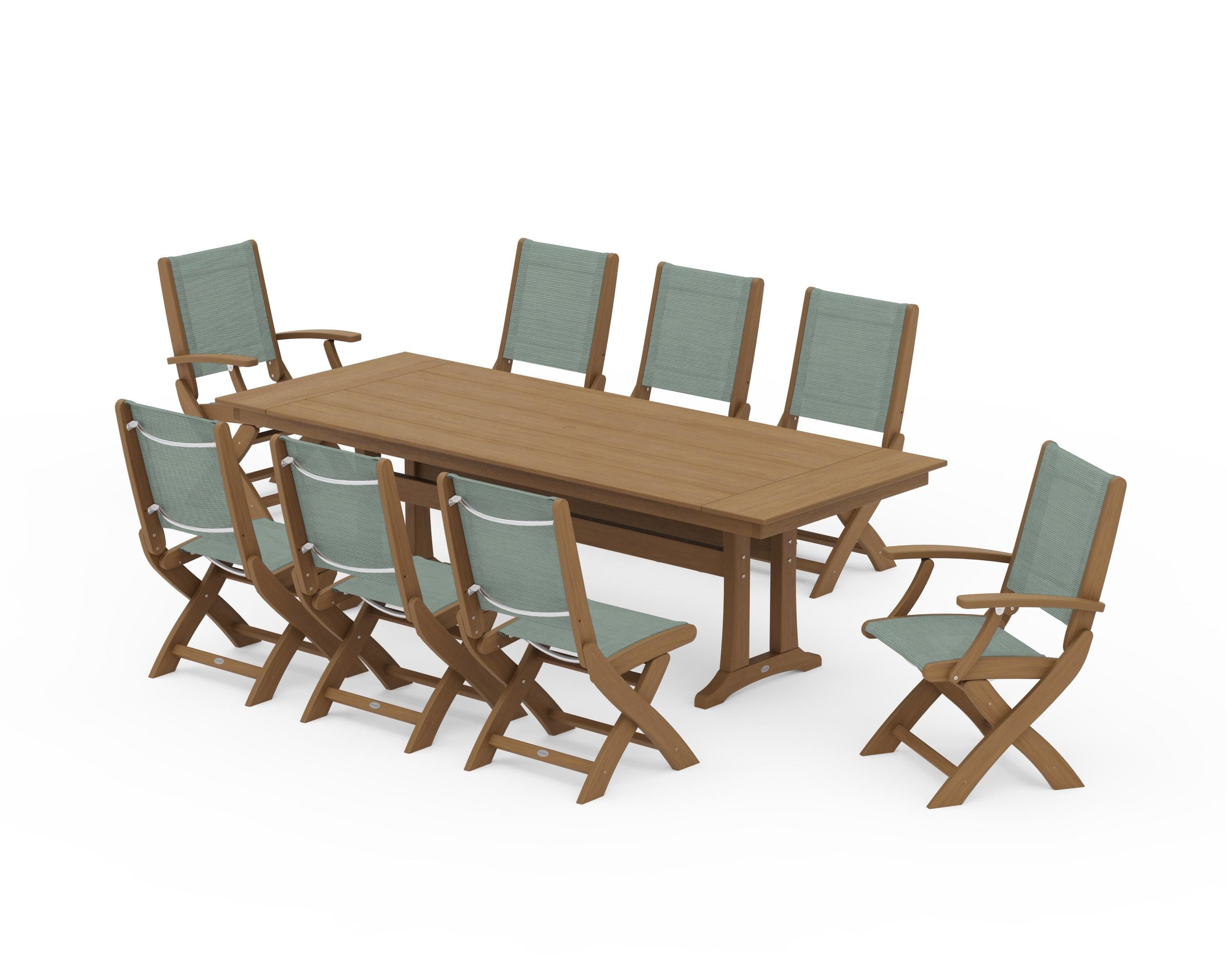 POLYWOOD Coastal 9-Piece Folding Dining Chair Farmhouse Dining Set with Trestle Legs in Natural / Dupioni Sea Mist Sling