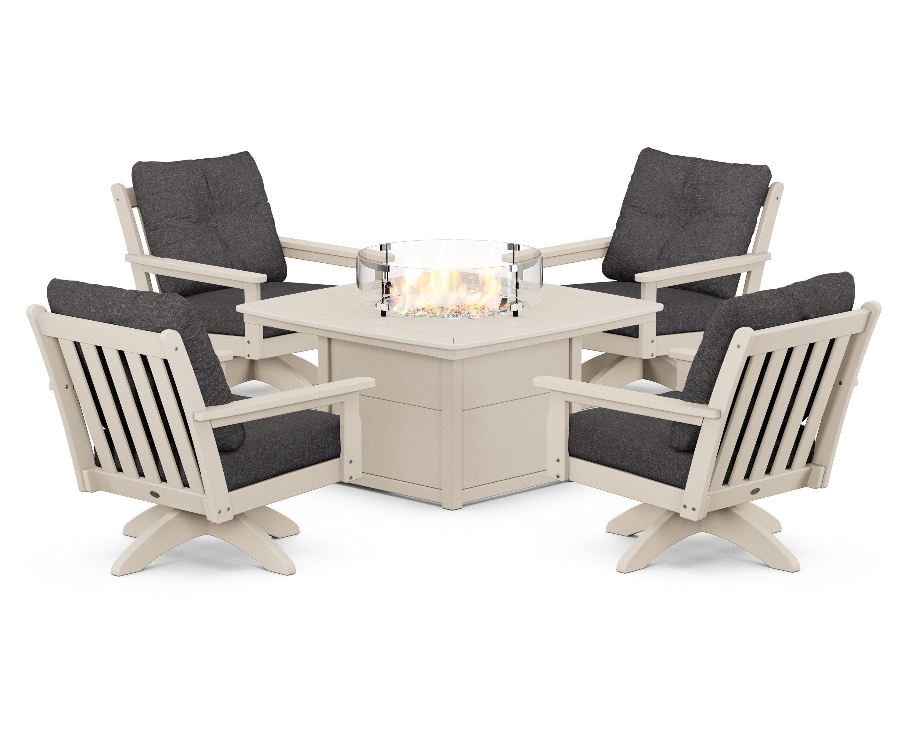 POLYWOOD Vineyard 5-Piece Deep Seating Swivel Conversation Set with Fire Pit Table in Sand / Ash Charcoal