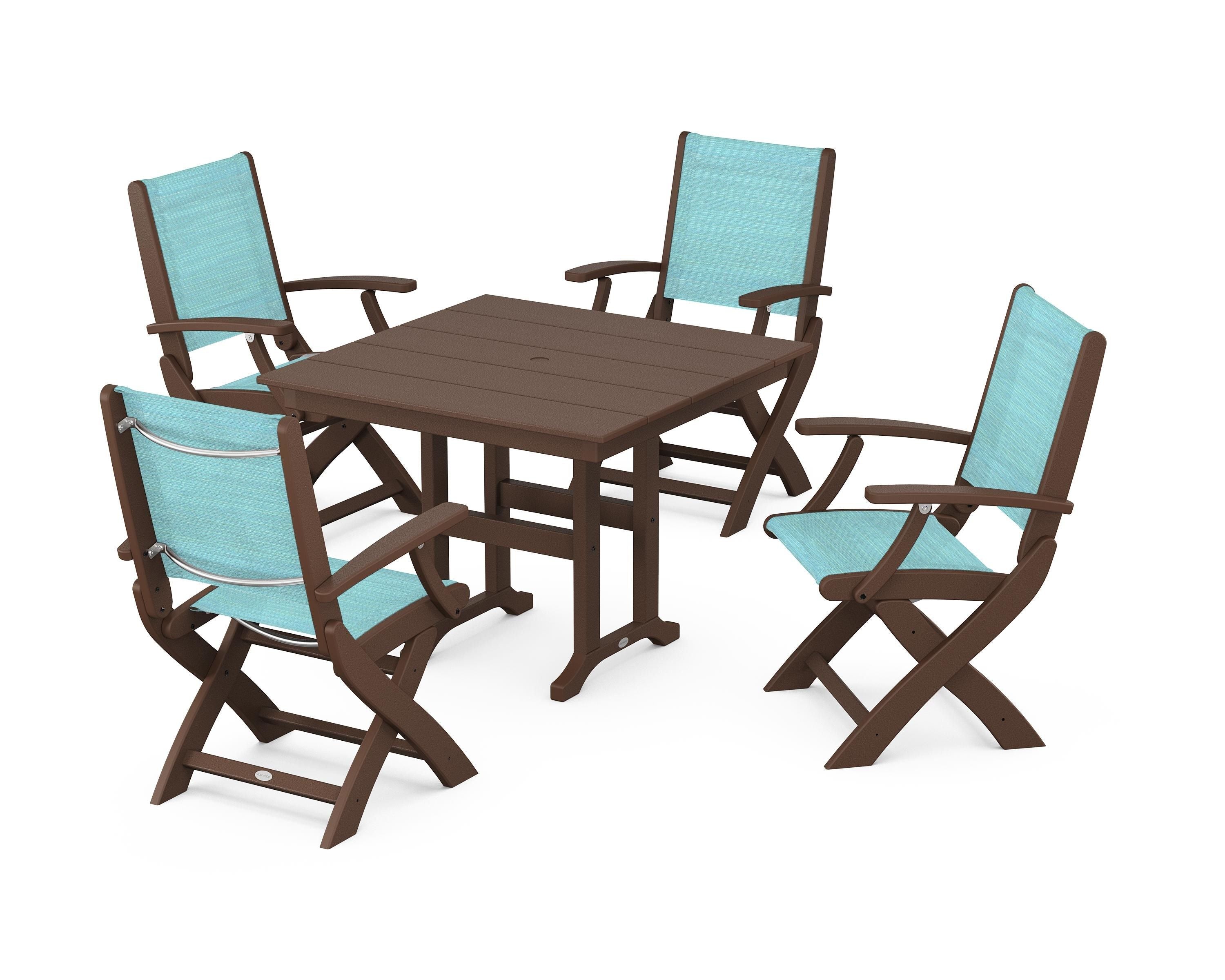 POLYWOOD Coastal Folding Chair 5-Piece Farmhouse Dining Set in Mahogany / Dupioni Aquamarine Sling