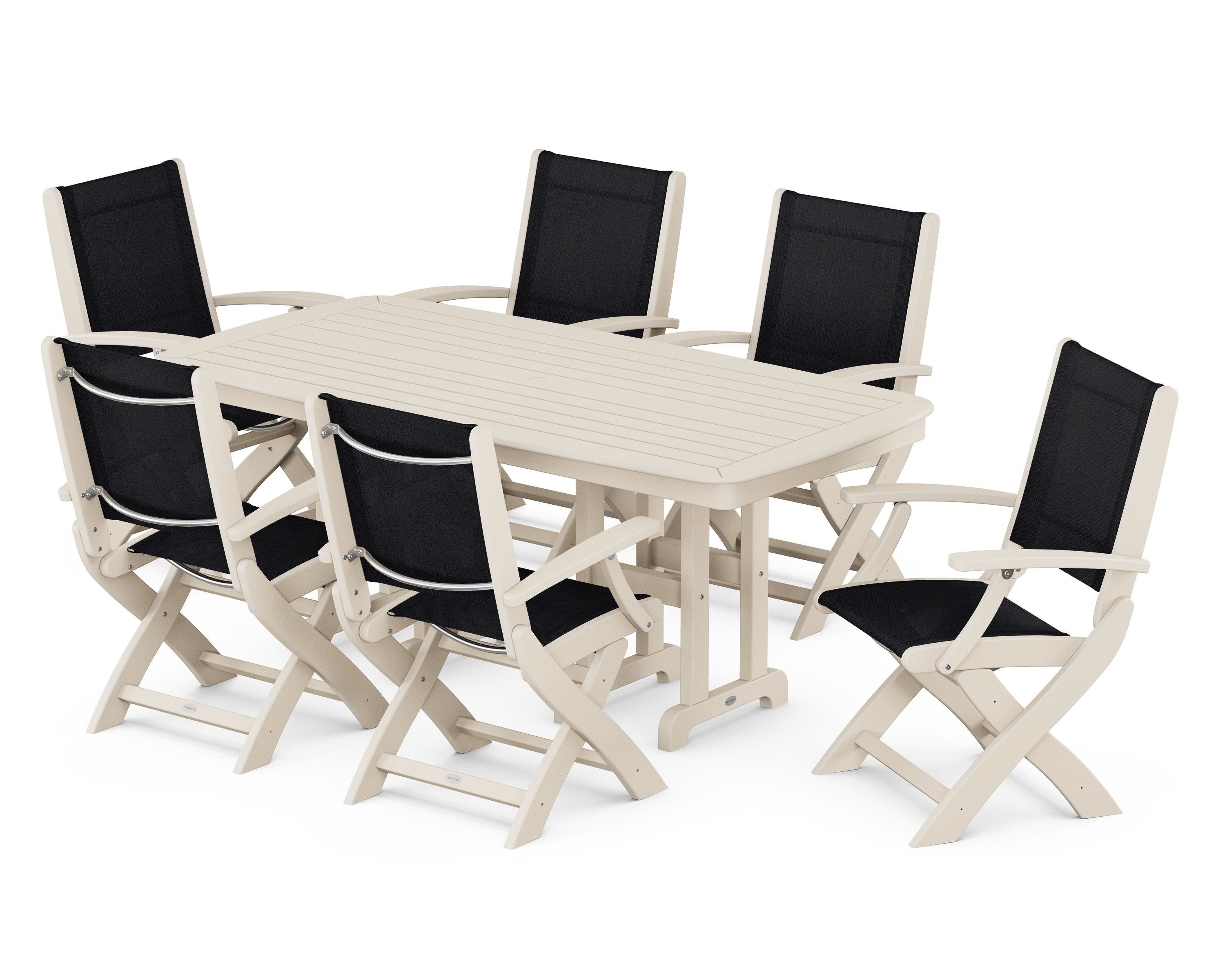 POLYWOOD Coastal Folding Arm Chair 7-Piece Dining Set in Sand / Black Sling