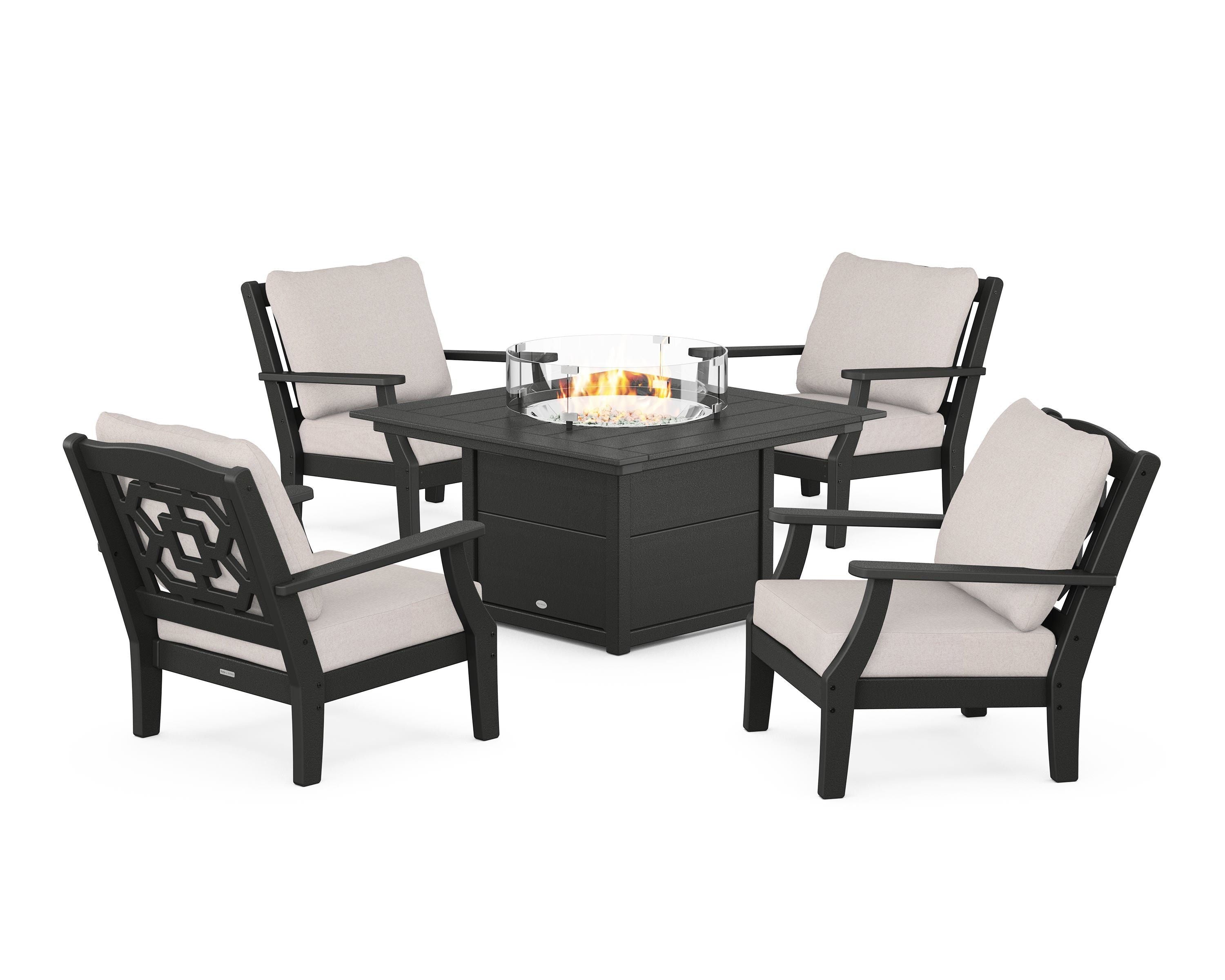 Martha Stewart by POLYWOOD Chinoiserie 5-Piece Deep Seating Set with Fire Pit Table in Black / Dune Burlap