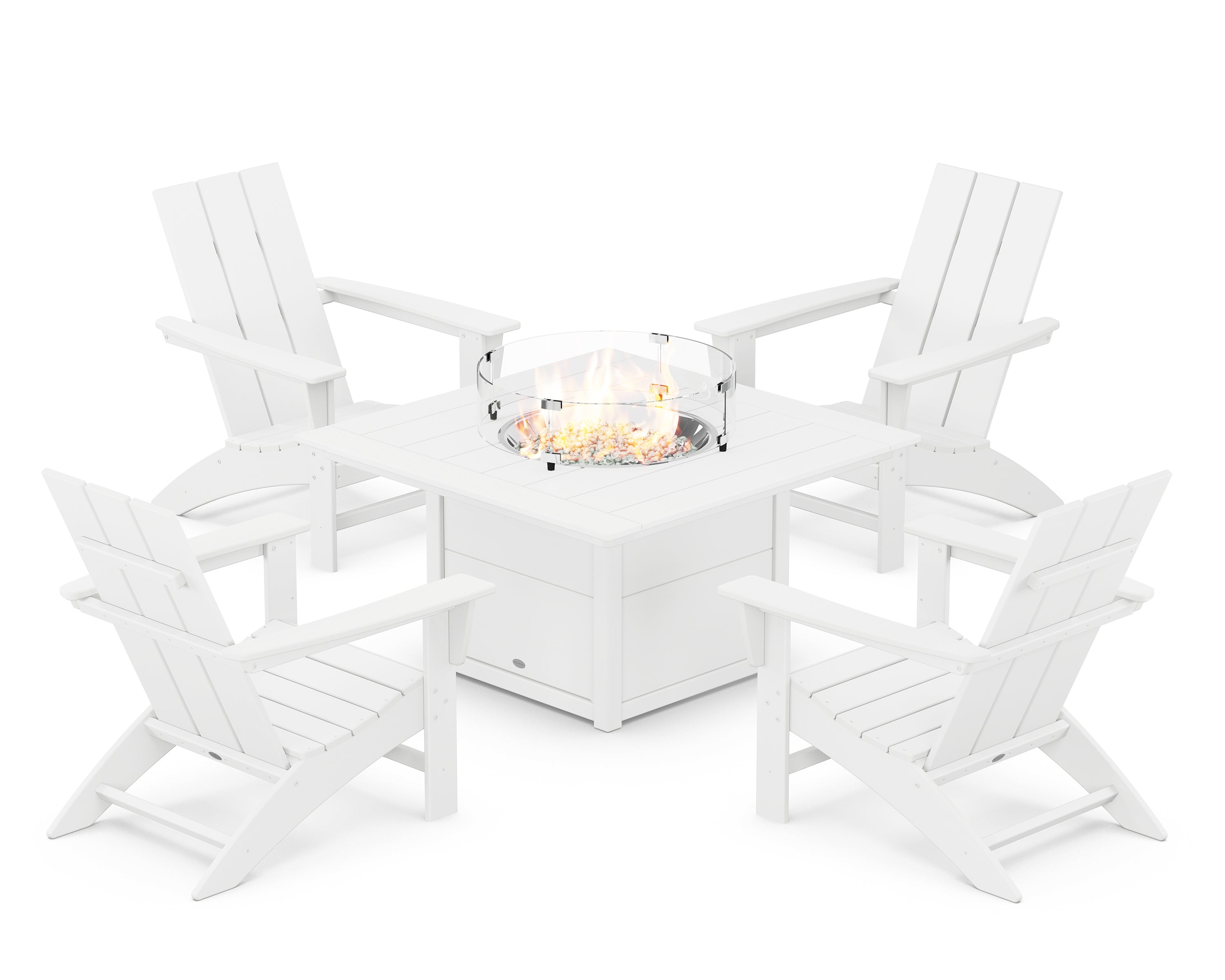 POLYWOOD Modern 5-Piece Adirondack Chair Conversation Set with Fire Pit Table in White