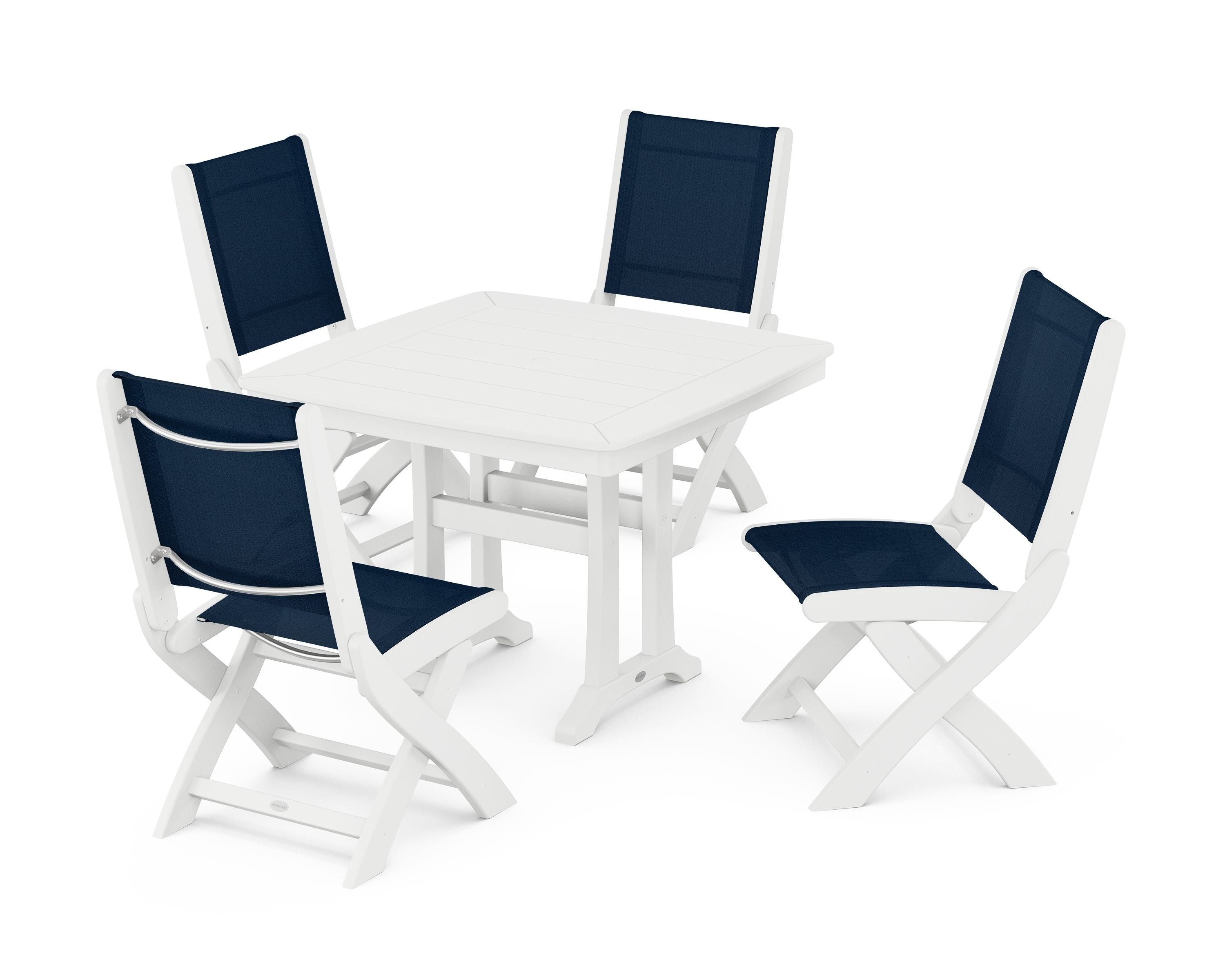 POLYWOOD Coastal Folding Side Chair 5-Piece Dining Set with Trestle Legs in White / Navy Blue Sling