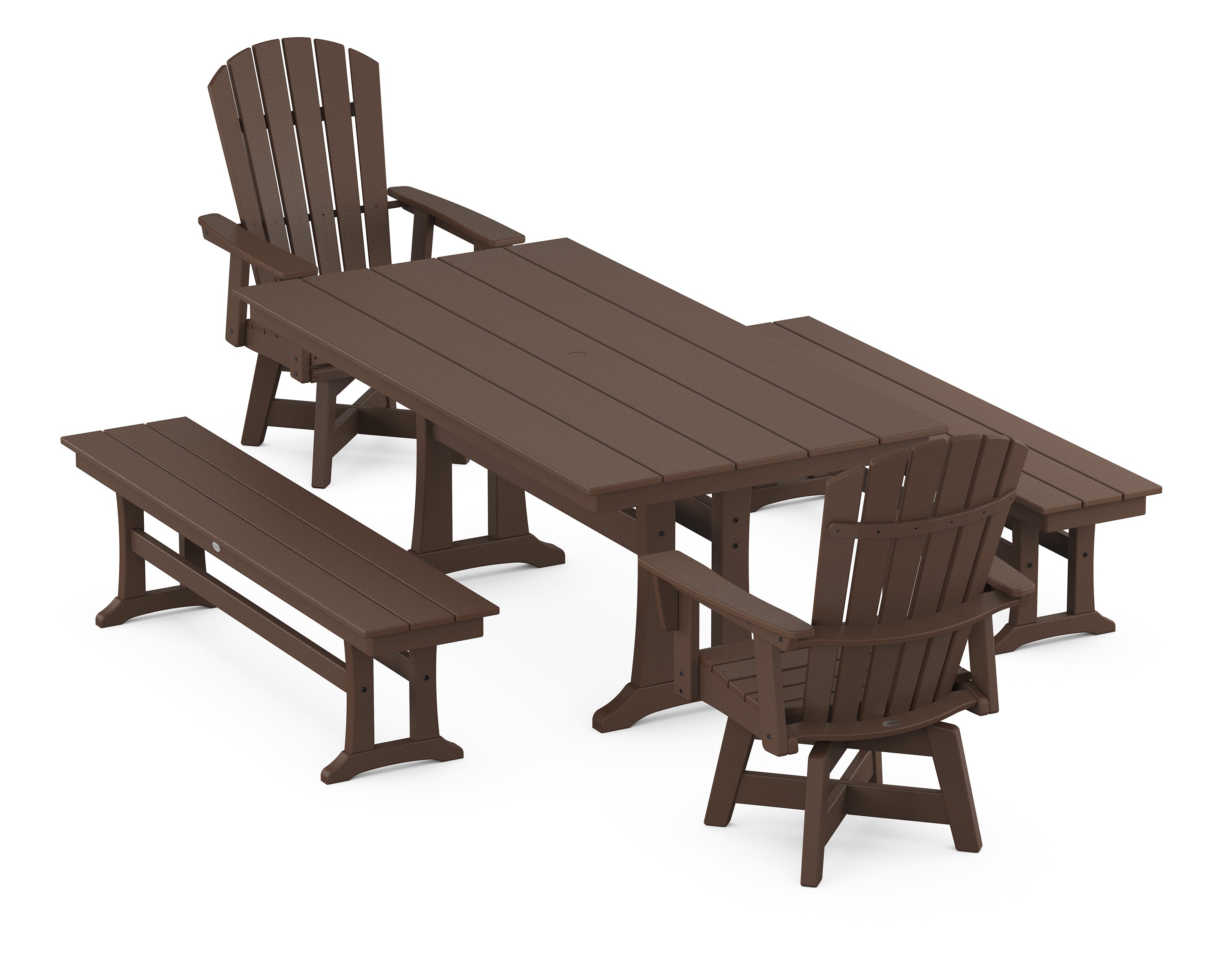 POLYWOOD® Nautical Curveback Adirondack Swivel Chair 5-Piece Farmhouse Dining Set With Trestle Legs and Benches in Mahogany