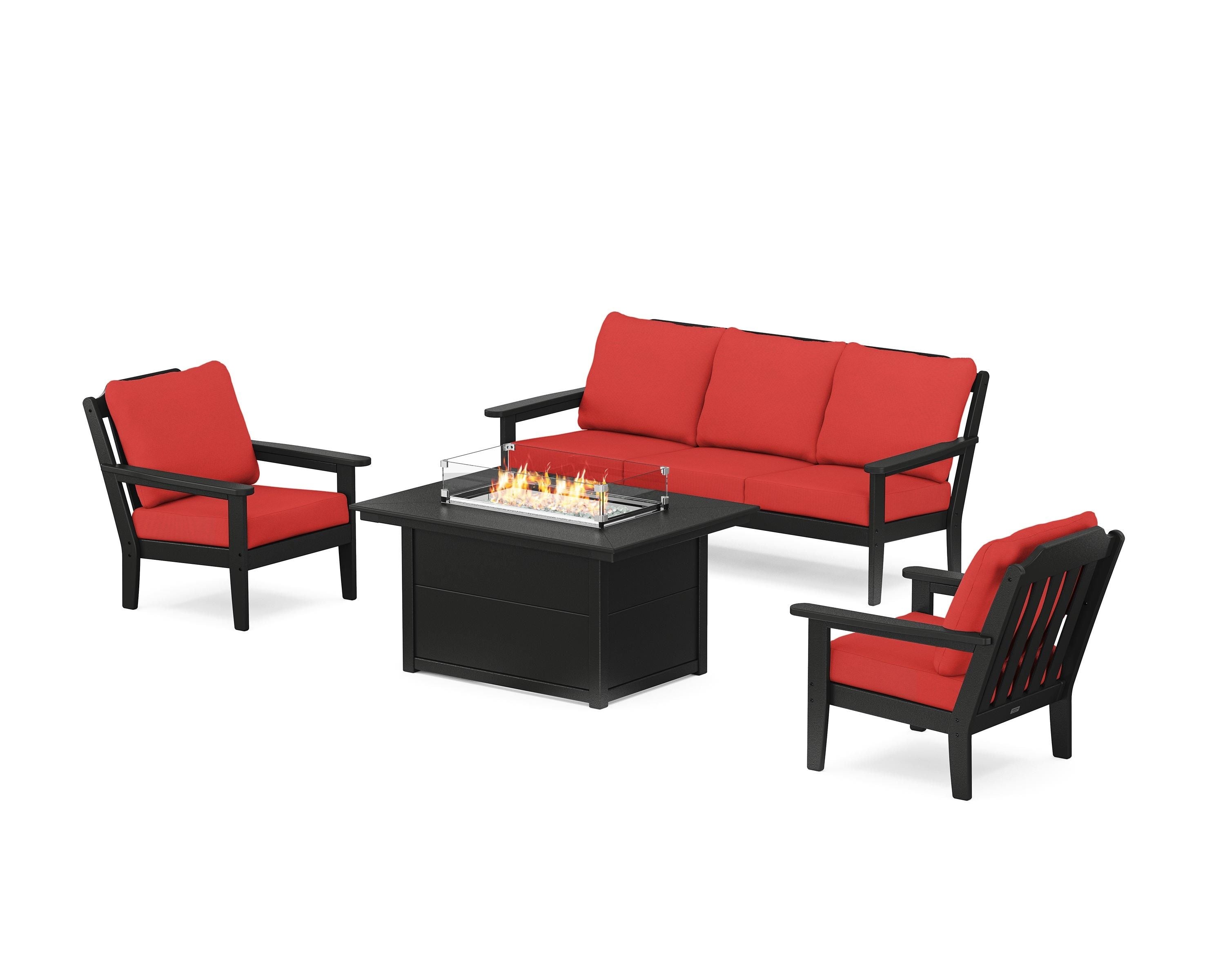 Country Living Cottage Deep Seating Fire Pit Table Set in Black / Crimson Linen