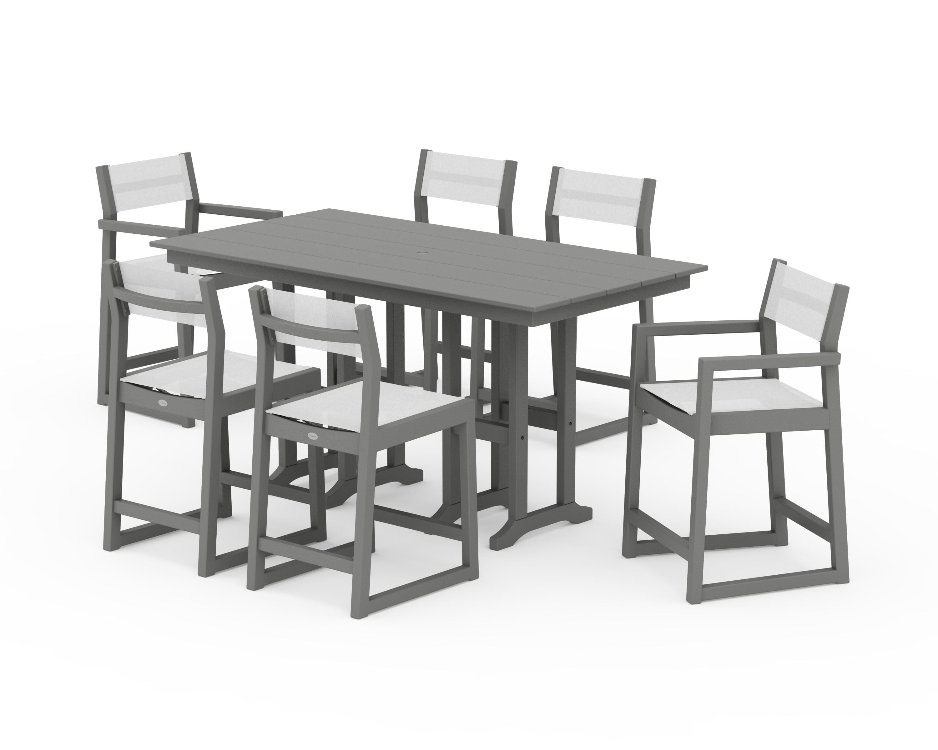 POLYWOOD EDGE Sling 7-Piece Farmhouse Counter Set with Trestle Legs in Slate Grey / White Sling