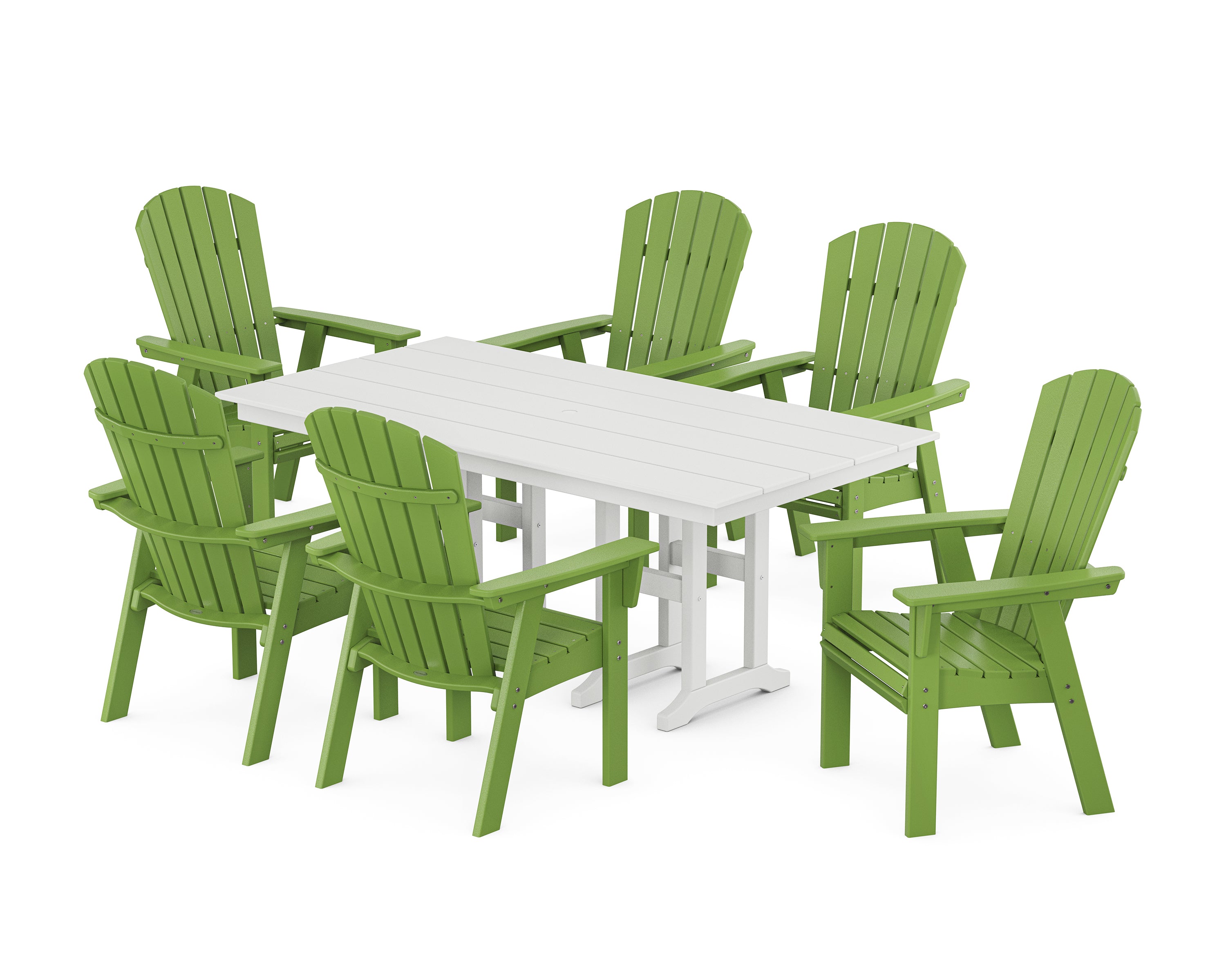 POLYWOOD Nautical Curveback Adirondack 7-Piece Farmhouse Dining Set in Lime / White
