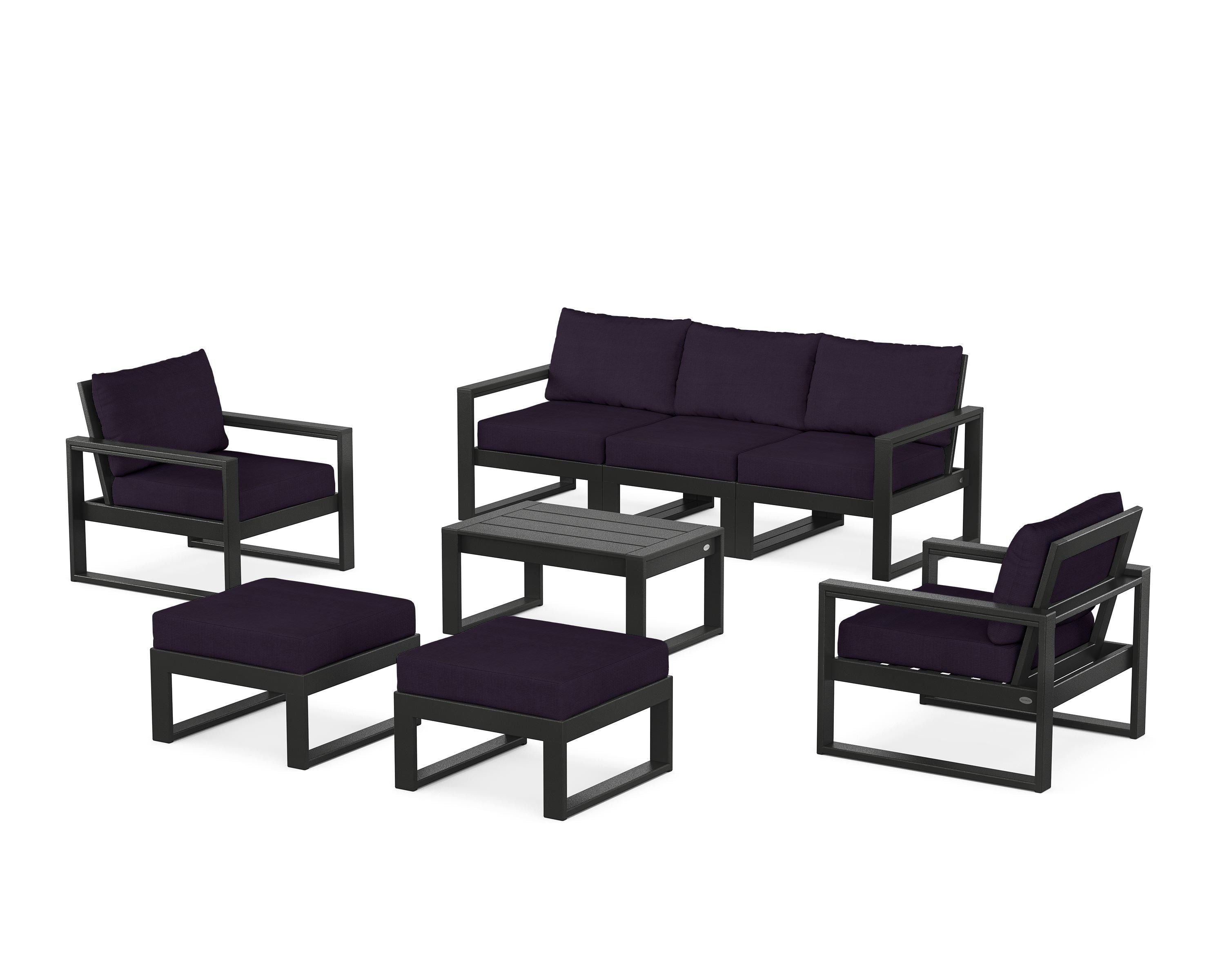 POLYWOOD EDGE Sectional 8-Piece Lounge Sofa Set in Black / Navy Linen