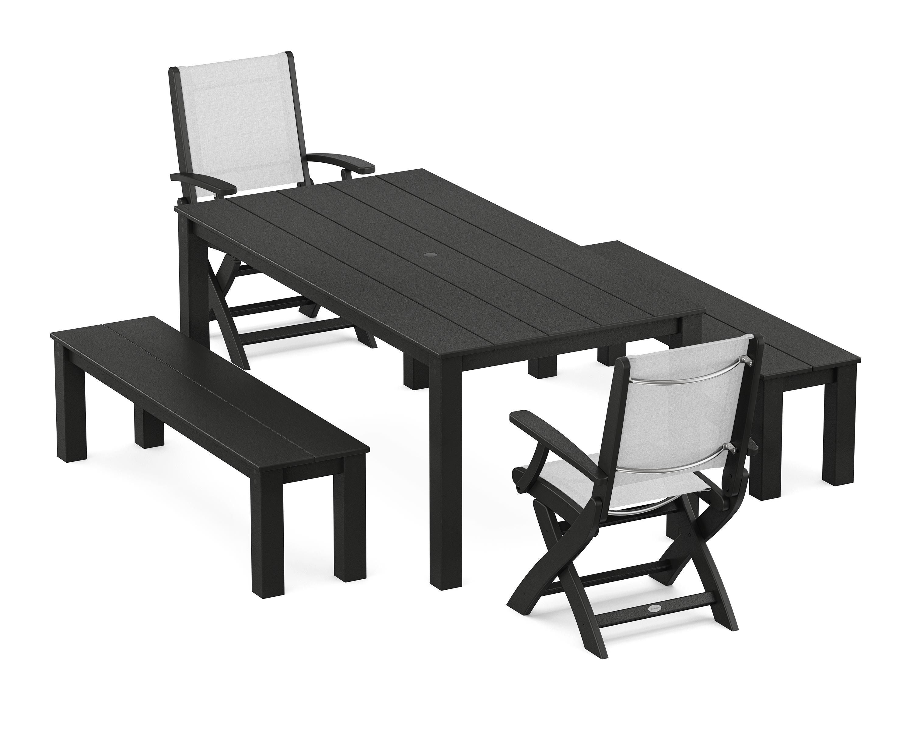 POLYWOOD Coastal Folding Chair 5-Piece Parsons Dining Set with Benches in Black / White Sling