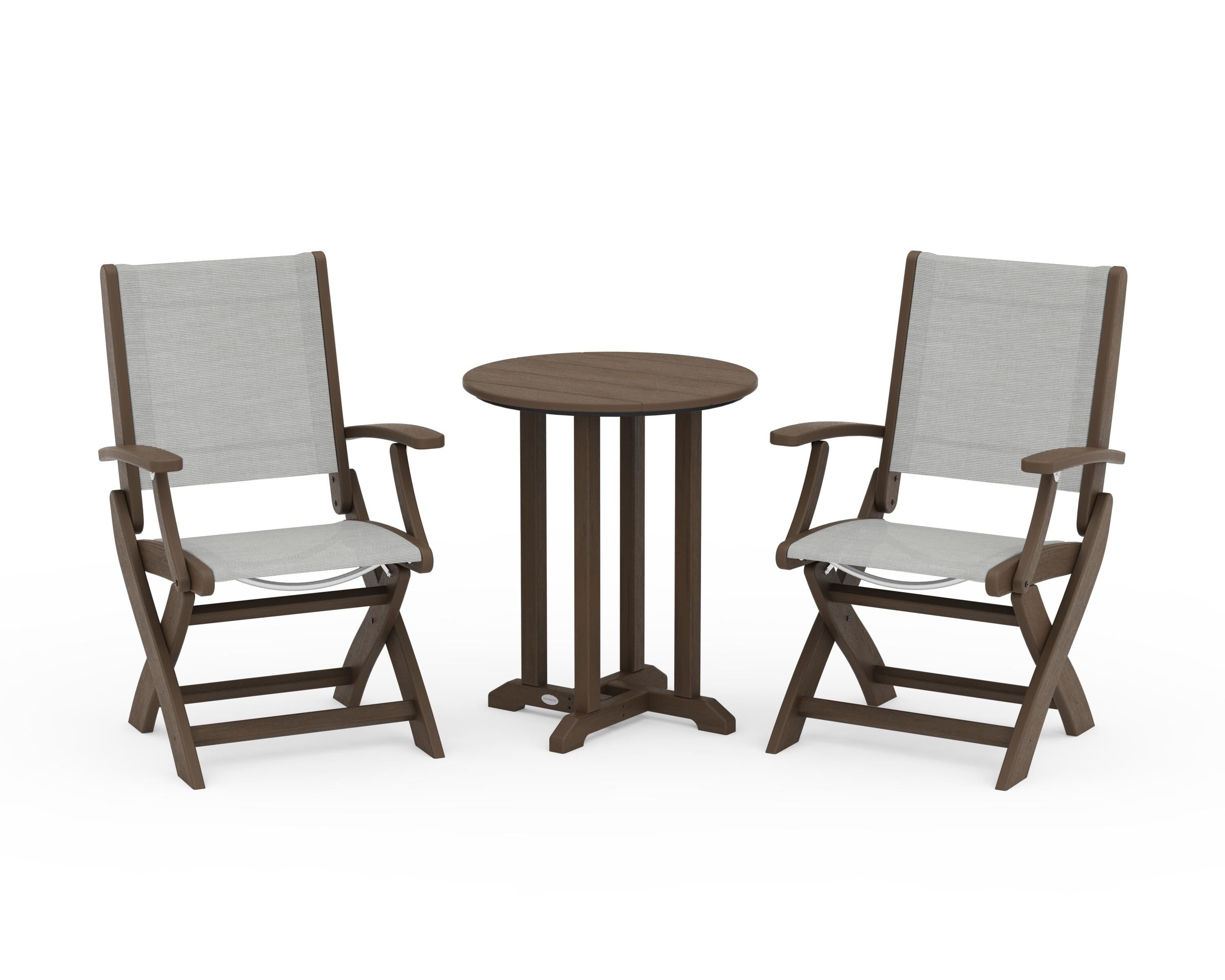 POLYWOOD Coastal Folding 3-Piece Round Bistro Dining Set in Kona / Metallic Sling