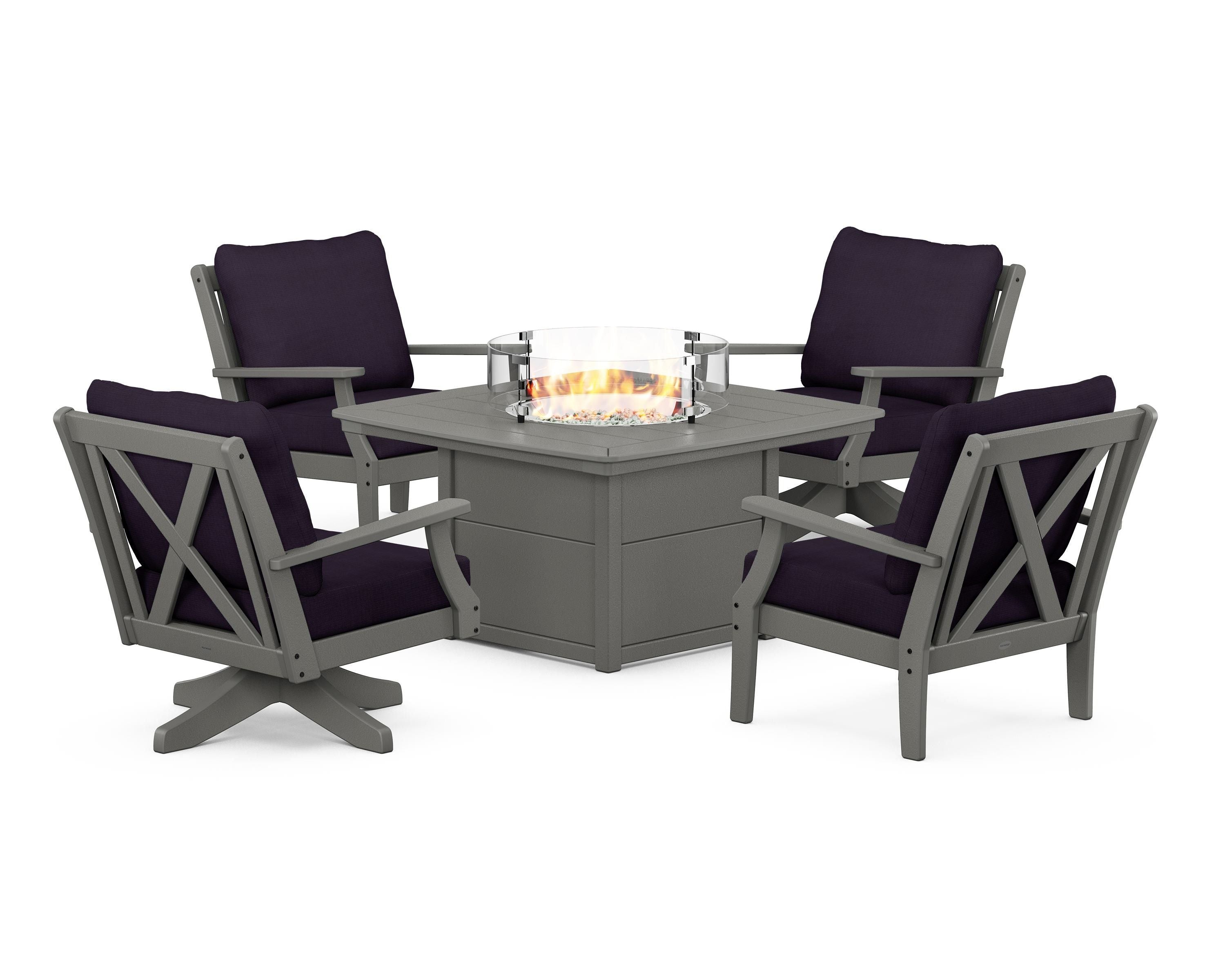 POLYWOOD Braxton 5-Piece Deep Seating Set with Fire Table in Slate Grey / Navy Linen
