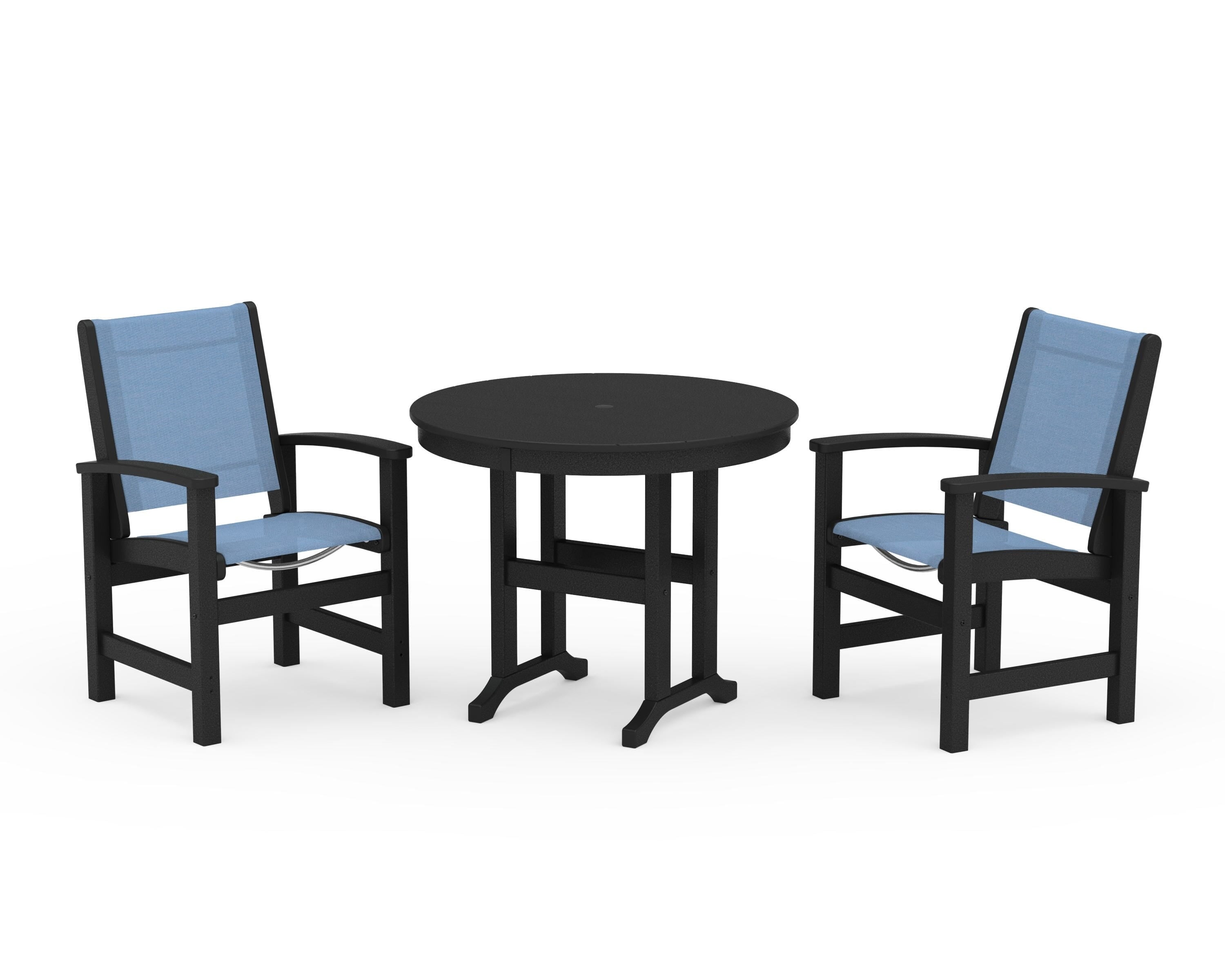 POLYWOOD Coastal 3-Piece Round Dining Set in Black / Poolside Sling