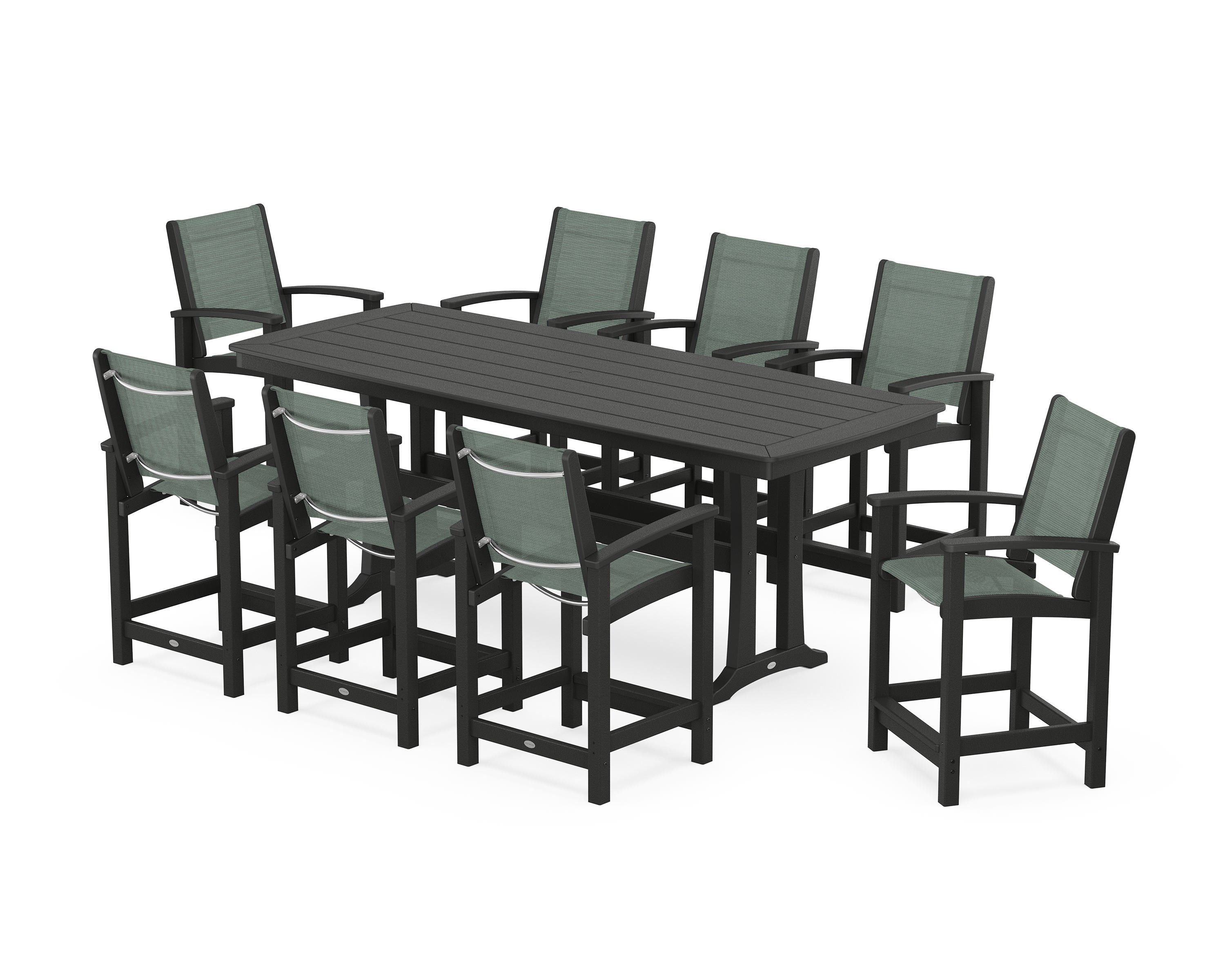 POLYWOOD Coastal 9-Piece Counter Set with Trestle Legs in Black / Dupioni Sea Mist Sling