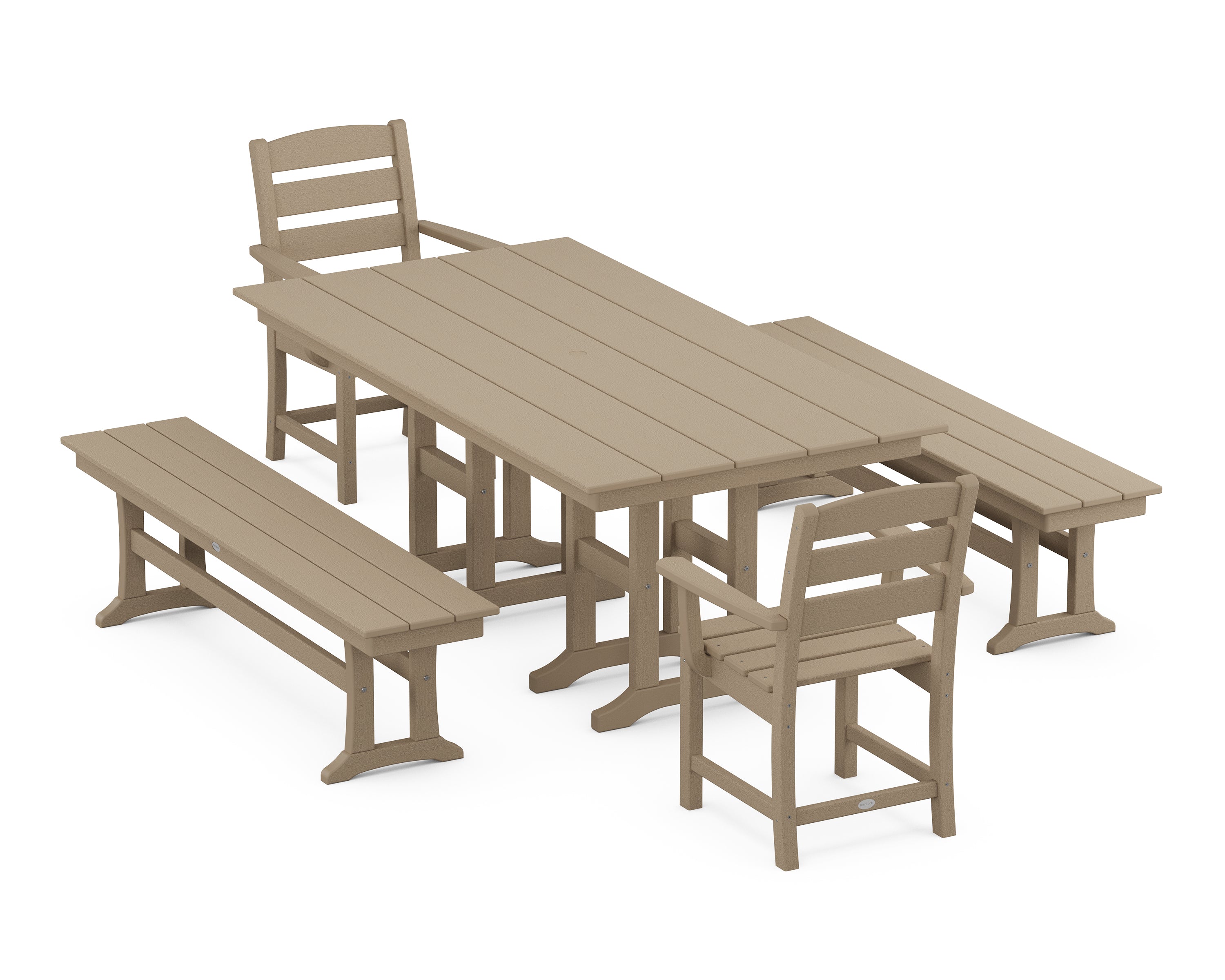 POLYWOOD® Lakeside 5-Piece Farmhouse Dining Set with Benches in Vintage Sahara