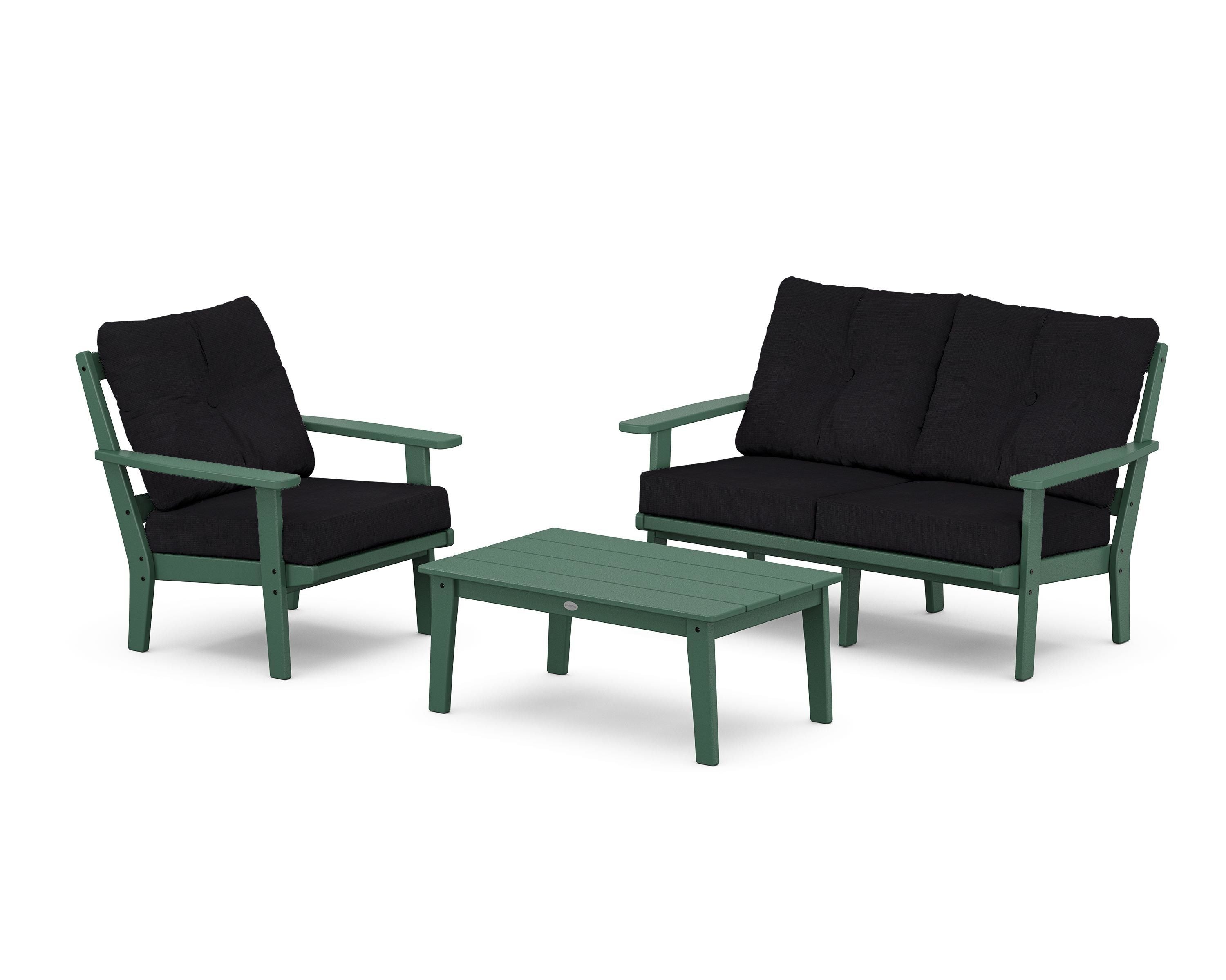 POLYWOOD Oxford 3-Piece Deep Seating Set with Loveseat in Green / Midnight Linen