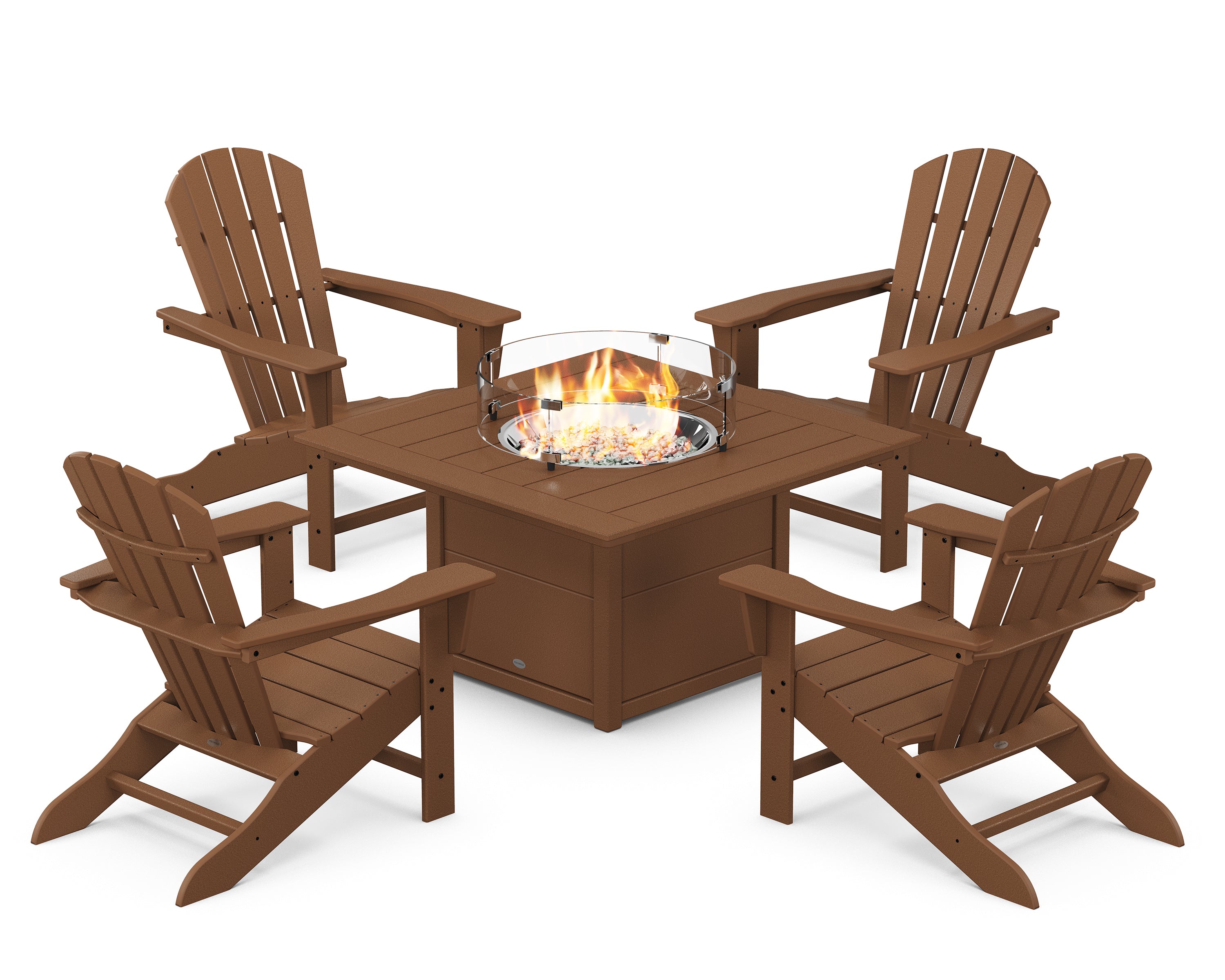POLYWOOD Palm Coast 5-Piece Adirondack Chair Conversation Set with Fire Pit Table in Teak