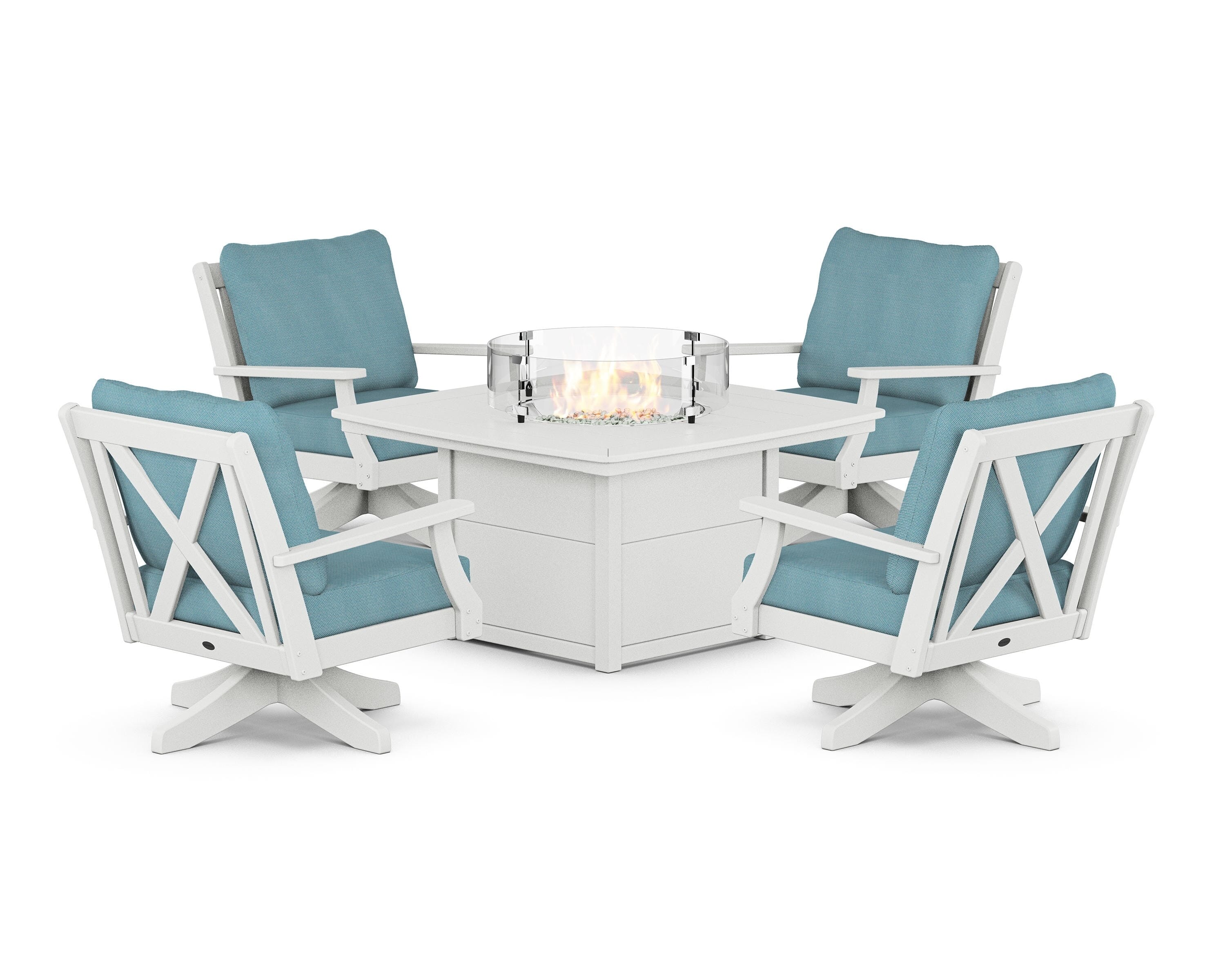POLYWOOD Braxton 5-Piece Deep Seating Swivel Conversation Set with Fire Pit Table in White / Lattice Sky Blue