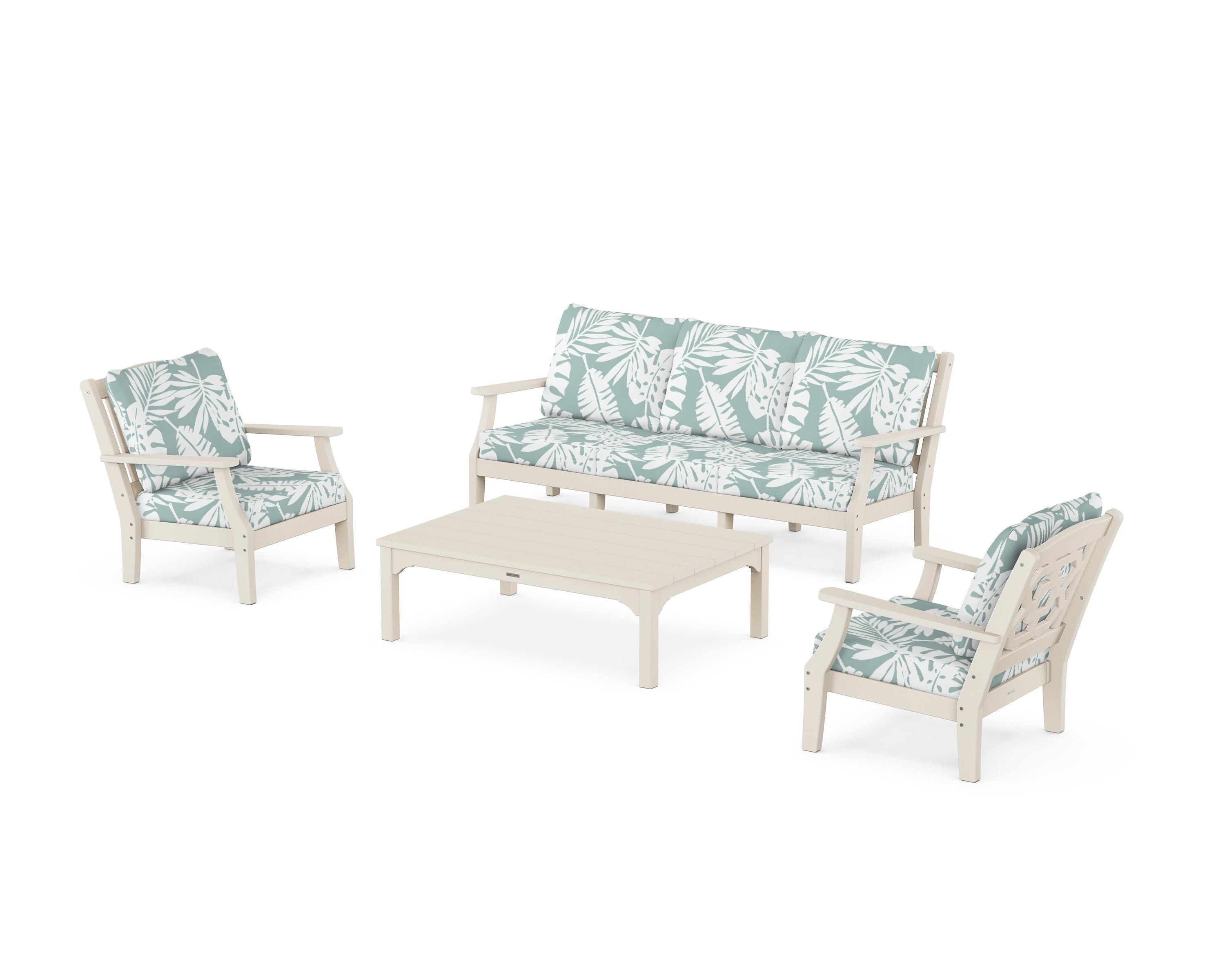 Martha Stewart by POLYWOOD Chinoiserie 4-Piece Deep Seating Set with Sofa in Sand / Leaf Glacier Spa