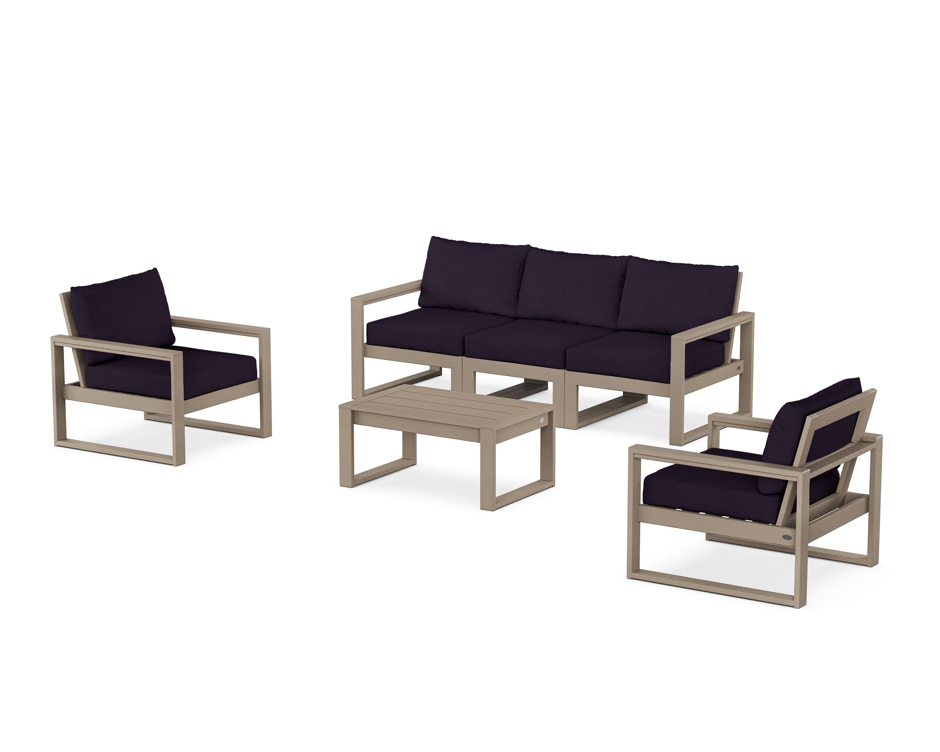 POLYWOOD EDGE Sectional 4-Piece Deep Seating Set with Sofa in Vintage Sahara / Navy Linen