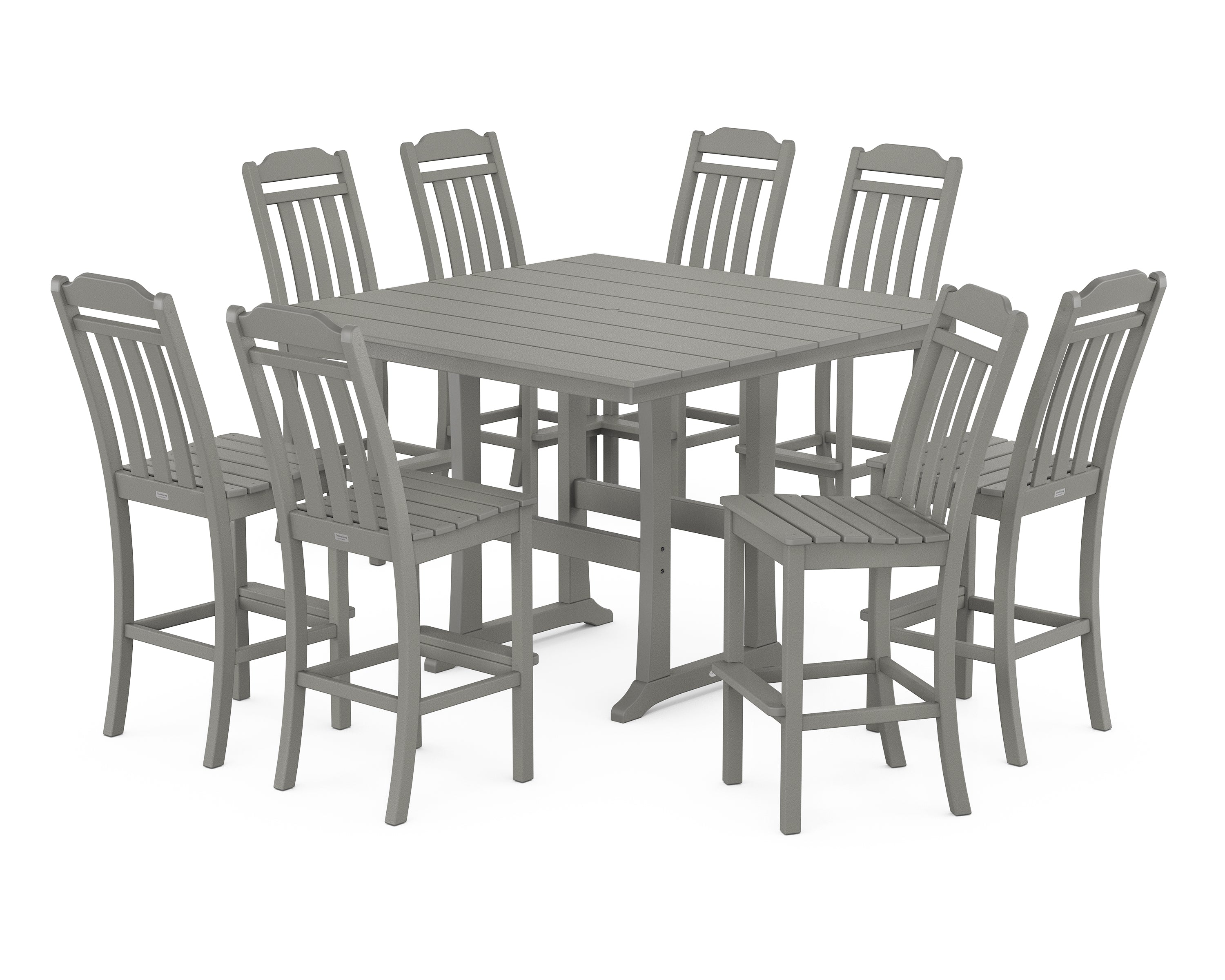 POLYWOOD Country Living 9-Piece Square Farmhouse Side Chair Bar Set with Trestle Legs in Slate Grey