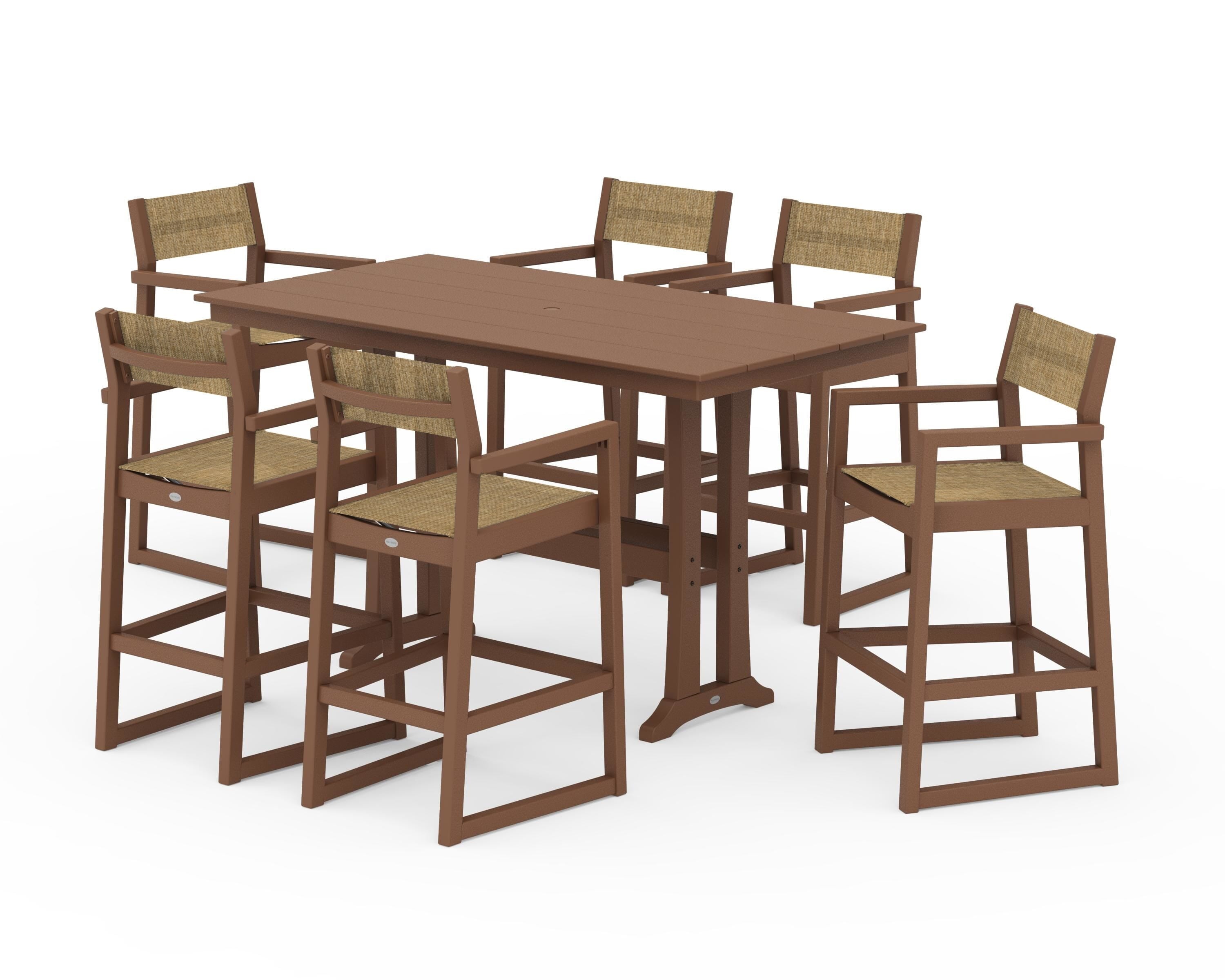 POLYWOOD EDGE Sling Arm Chair 7-Piece Farmhouse Bar Set with Trestle Legs in Teak / Burlap Sling