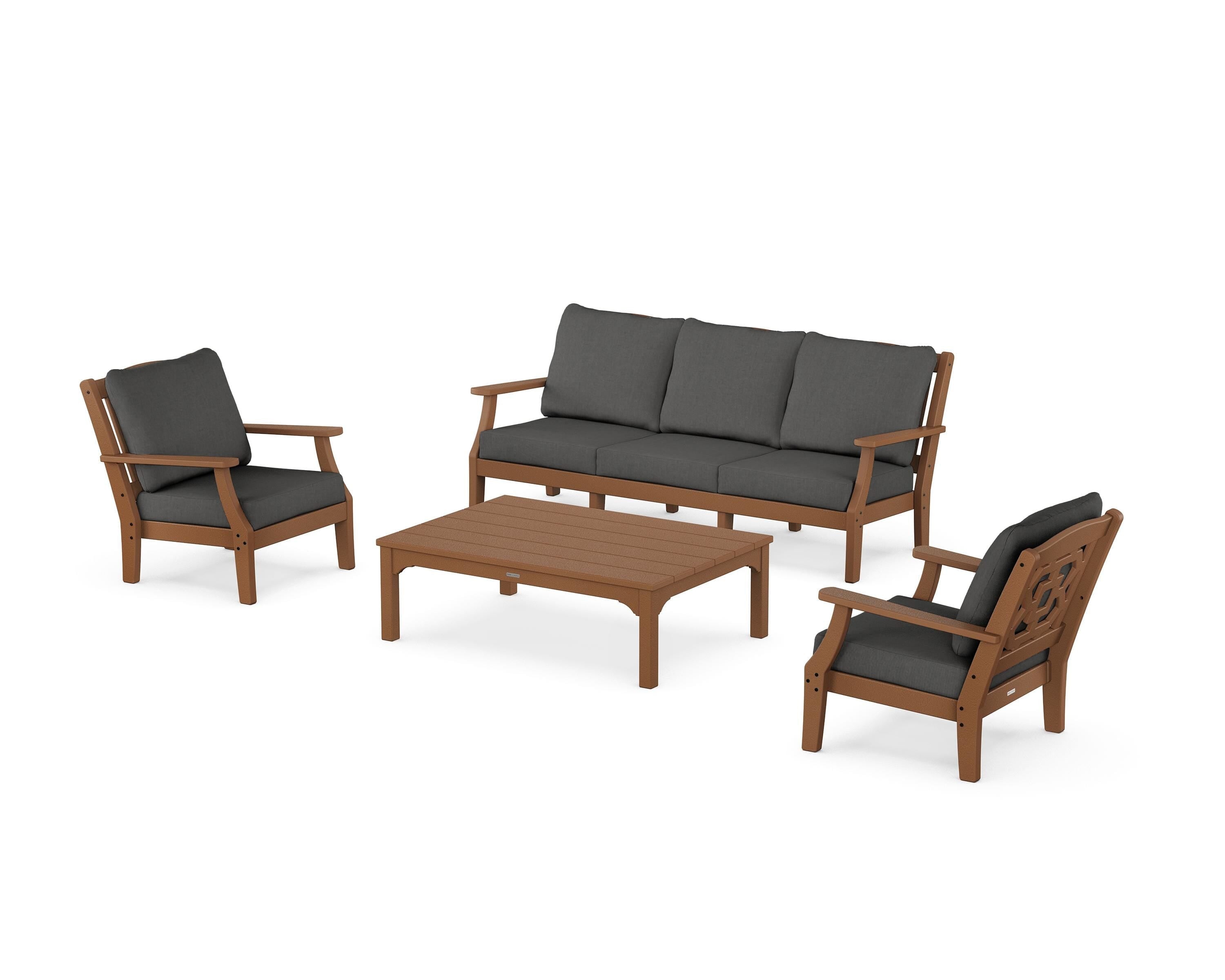 Martha Stewart by POLYWOOD Chinoiserie 4-Piece Deep Seating Set with Sofa in Teak / Spectrum Carbon